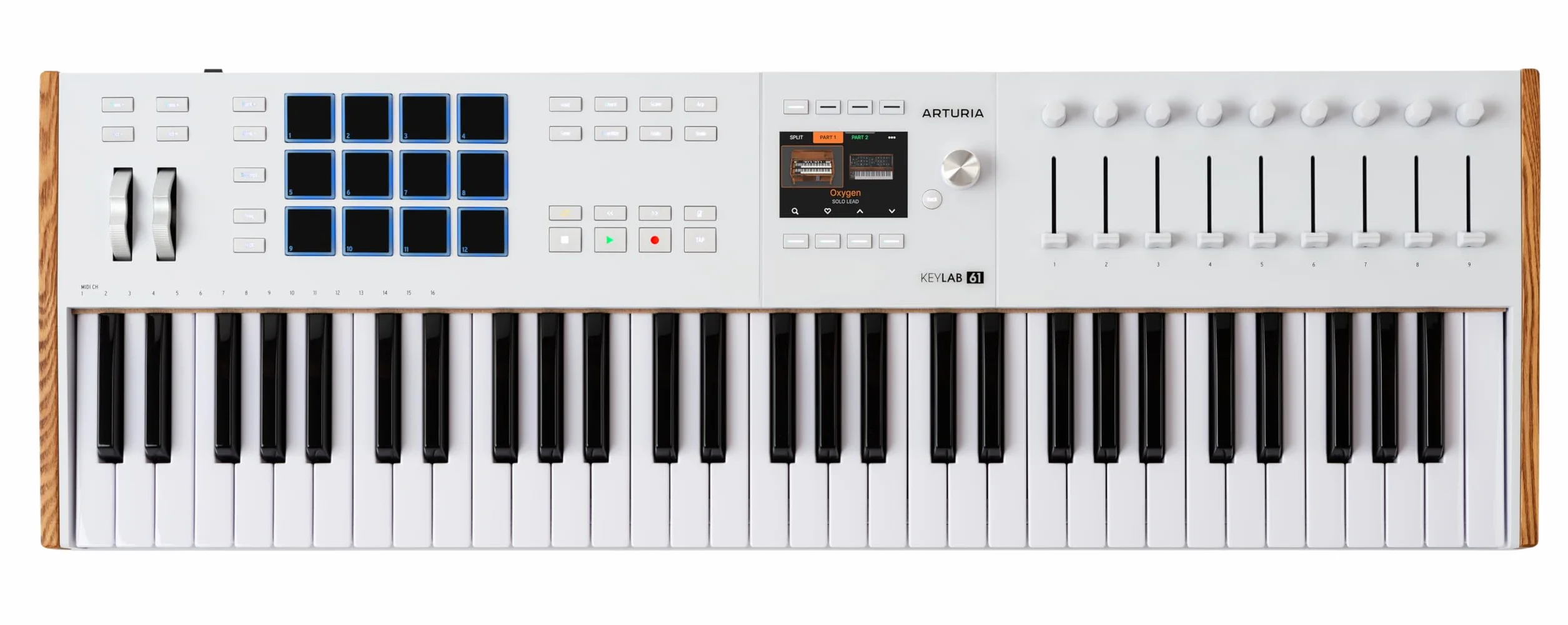 Arturia KeyLab 61 MK3 White, teclado c/controlador MIDI producción, paq. software todo-en-1-61 teclas, 9 codificadores, 9 faders, 1 rueda modulación, 1 rueda inflex. tono, 12 almohadillas - Blanco