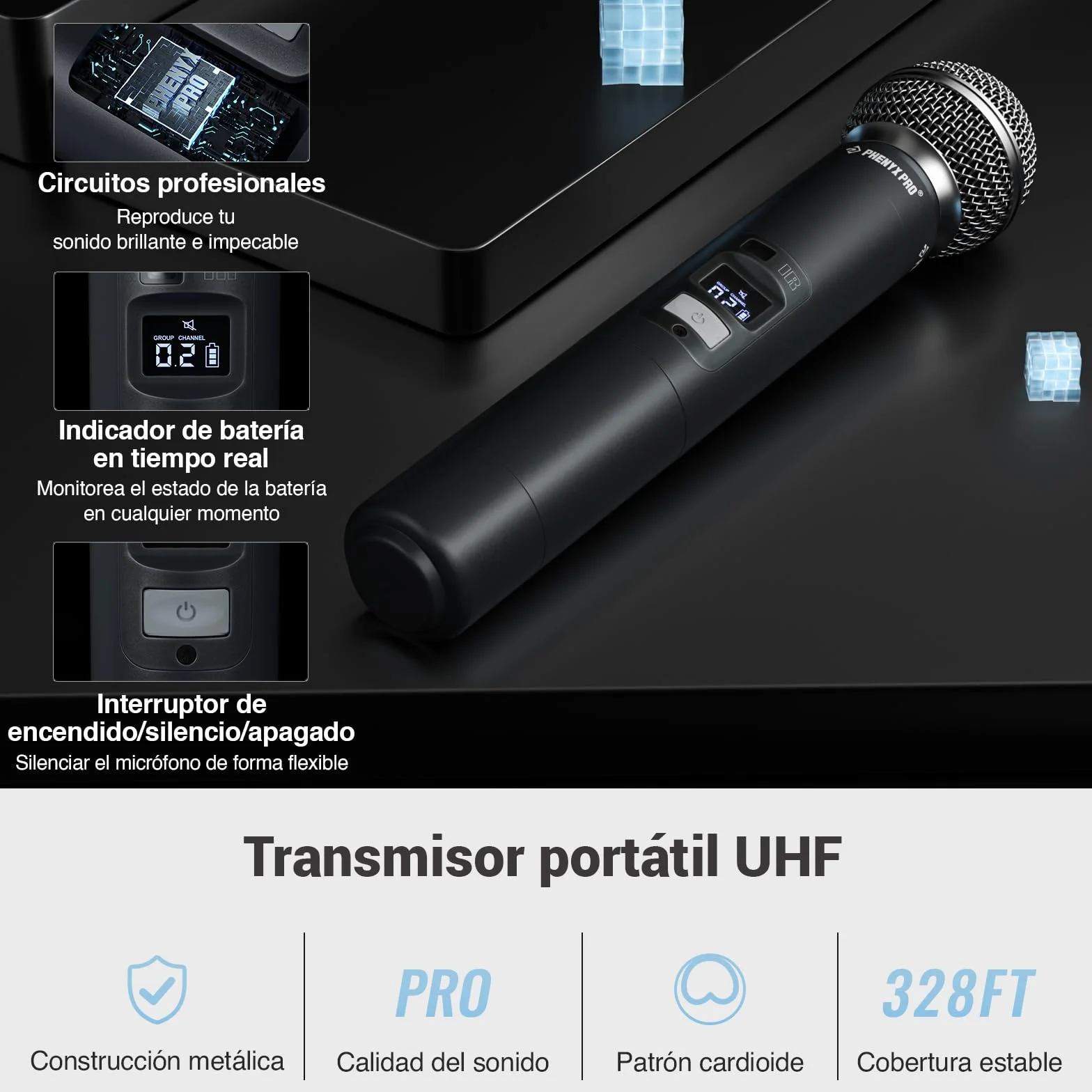 Phenyx Pro Sistema de micrófono inalámbrico profesional, w / 2 de mano, Exploración automática, 2x100 frecuencias UHF, 328 pies de alcance, micrófono dinámico para cantar, karaoke, Iglesia (PTU-71-2H)