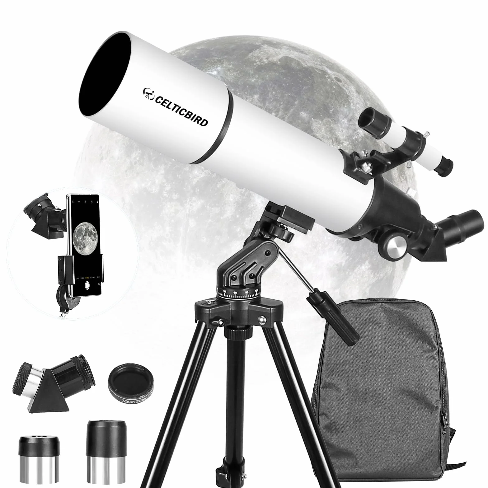 CELTICBIRD Telescopio para Adultos Principiantes en astronomía - Telescopio Refractor portátil astronómico Revestimientos de Alta transmisión Totalmente Multicapa Montaje AZ （80600）