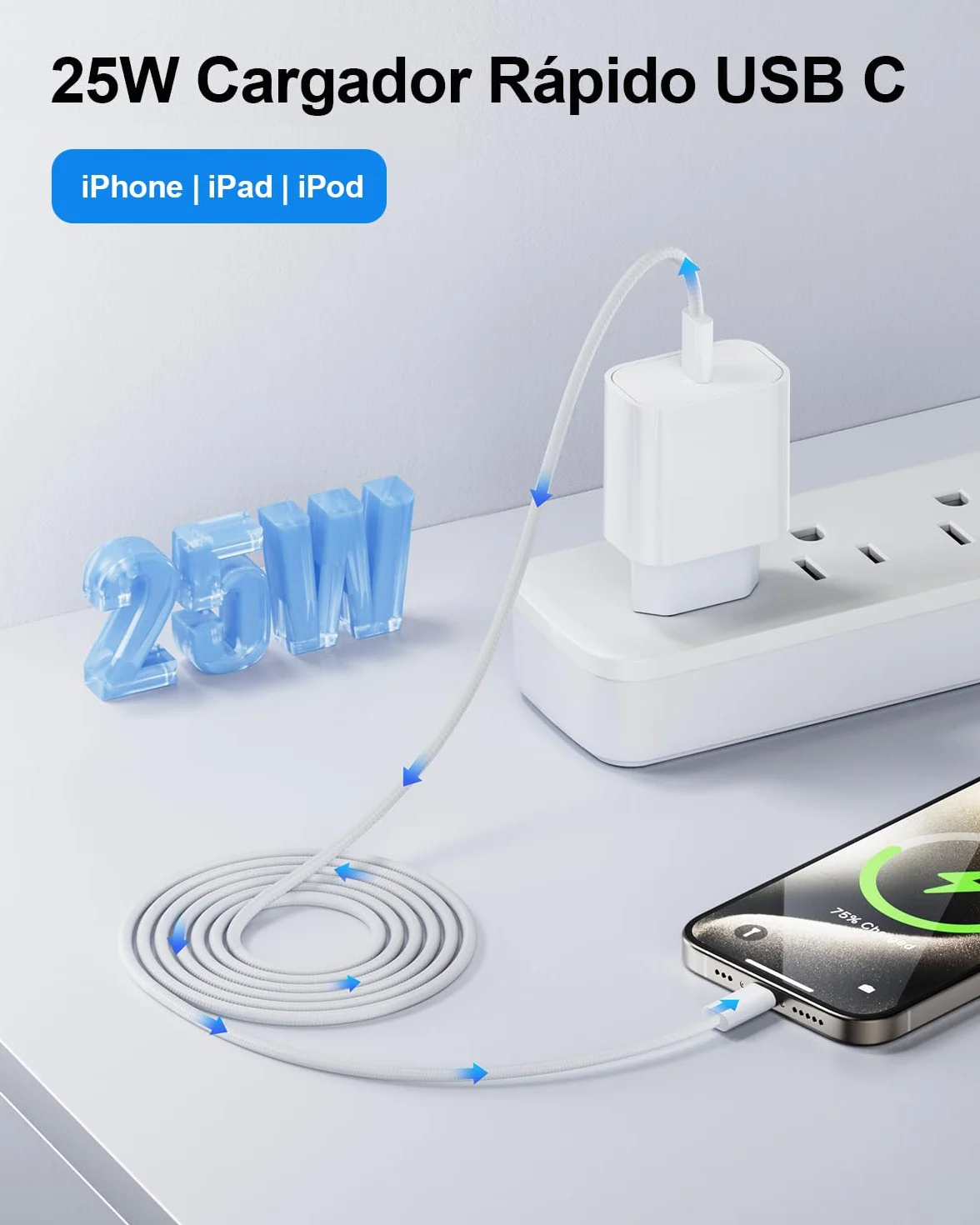 Cargador Carga Rápida 25W USB C para iPhone 14/14 Pro/14 Pro Max/14 Plus 13 12 11 SE XR X XS 8 7 con Cable 2M Blanco