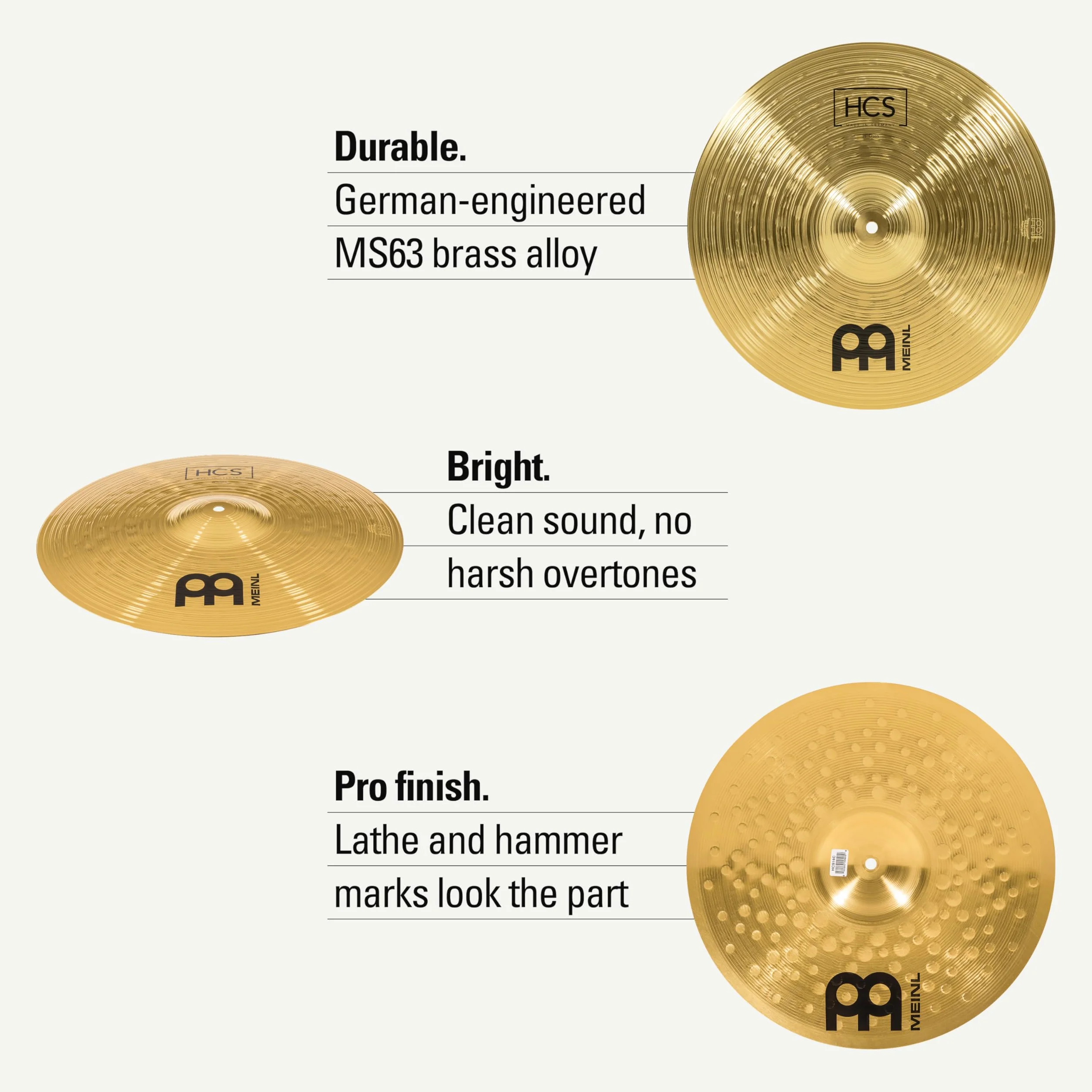 Meinl Cymbals HCS Complete Cymbal Set Pack - Juego de Platillos de Batería con 14 pulgadas Hihats, 16 Crash y 20 Ride – Latón, Acabado Tradicional (HCS141620)