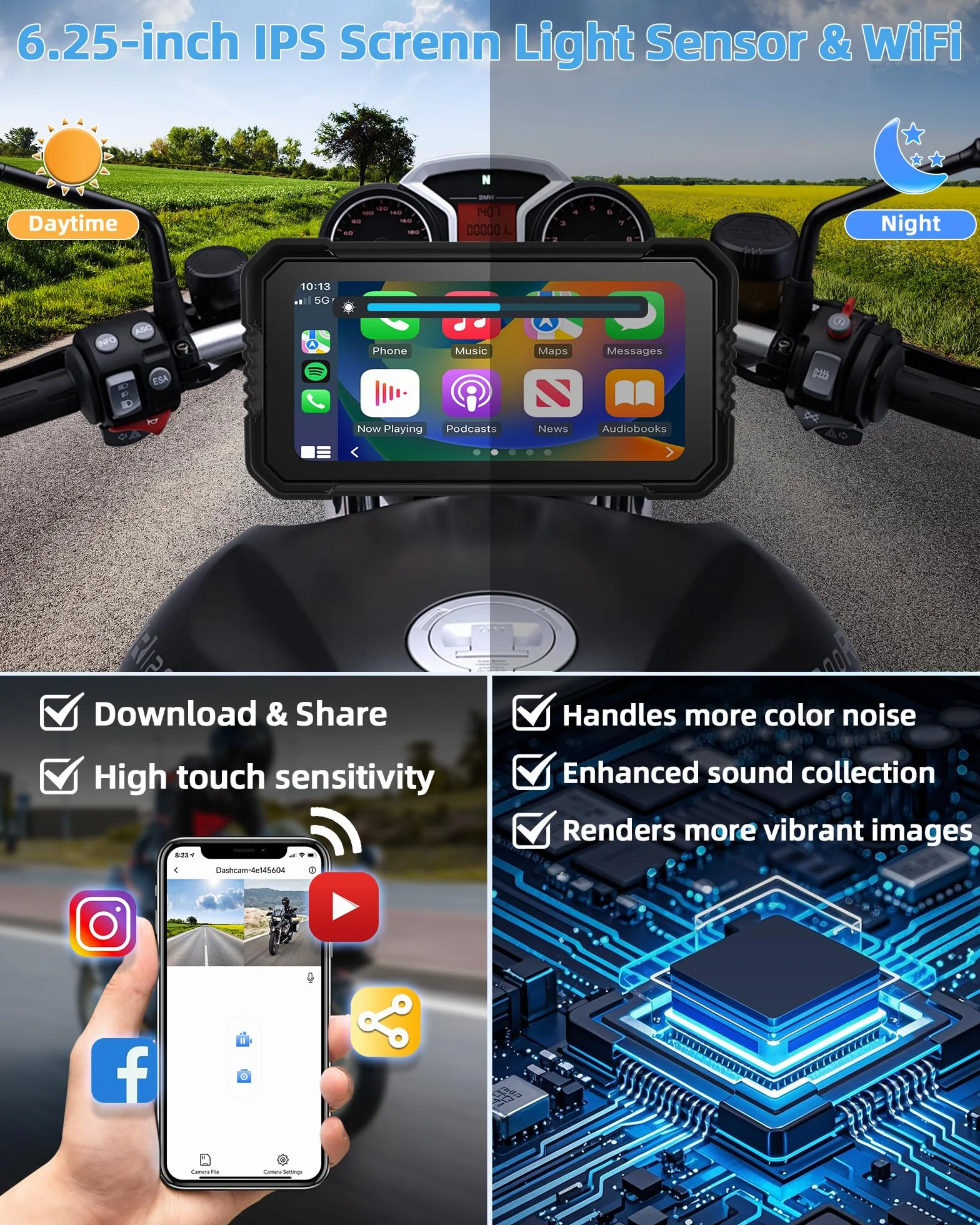 4K Carplay Android Auto 6.25 Pulgadas Pantalla Táctil Dashcam Delantera Trasera GPS IP67 Impermeable Doble Bluetooth Siri Google Assistant