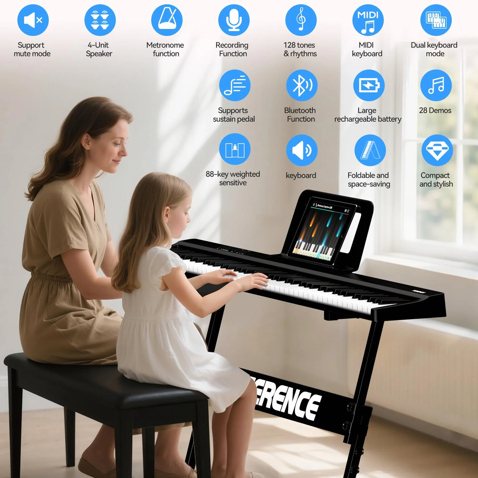 TERENCE Teclado de piano Piano digital portátil de 88 teclas con soporte Z, teclado semipesado para principiantes y expertos, función de grabación de audio integrada, interfaz MIDI Bluetooth.