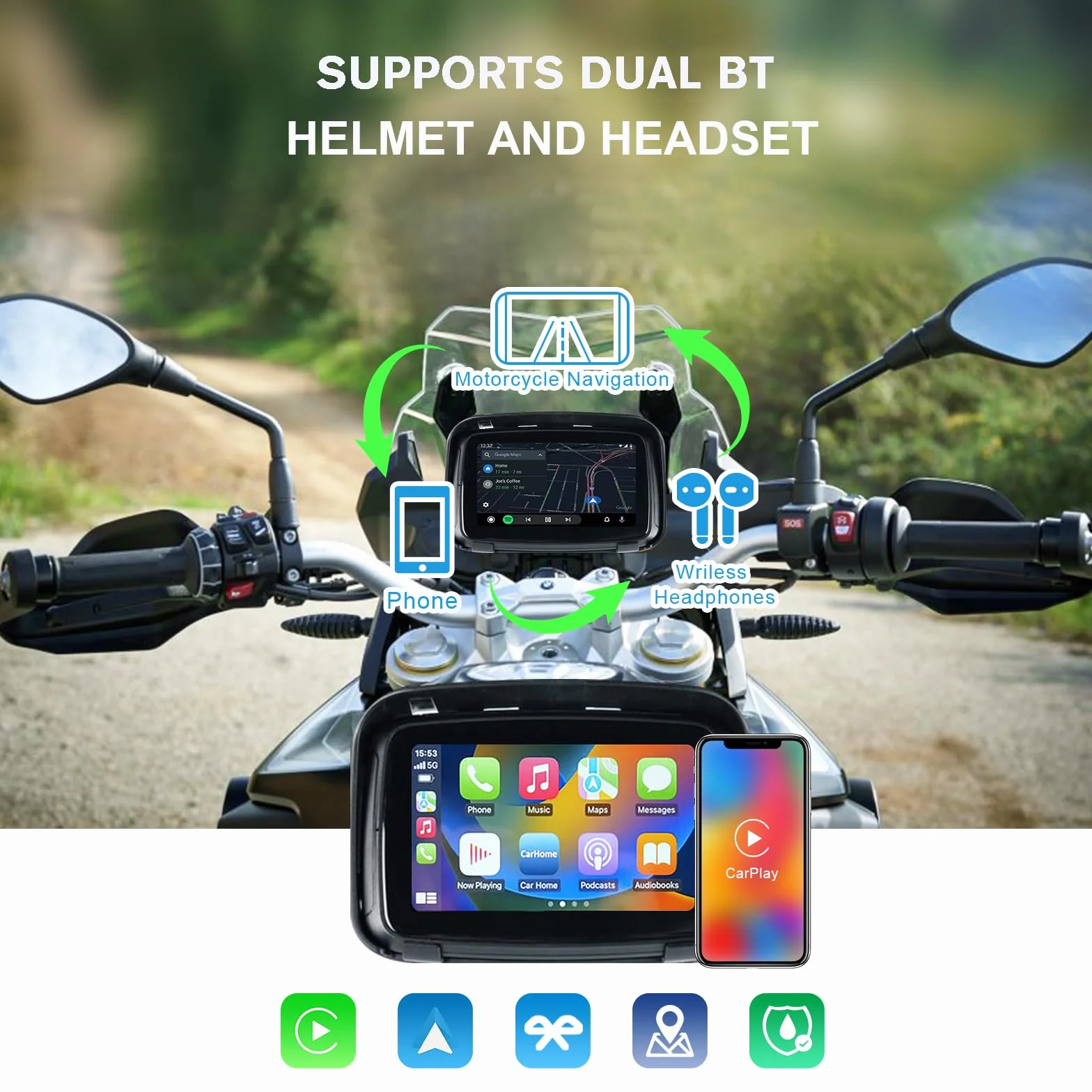 KAOLALI Pantalla Carplay para Motocicleta CarPlay Inalámbrico y Android Auto IP67 Impermeable Táctil de 5 Pulgadas Estéreo Portátil Inalámbrico para Moto Compatible con Navegación GPS, Siri