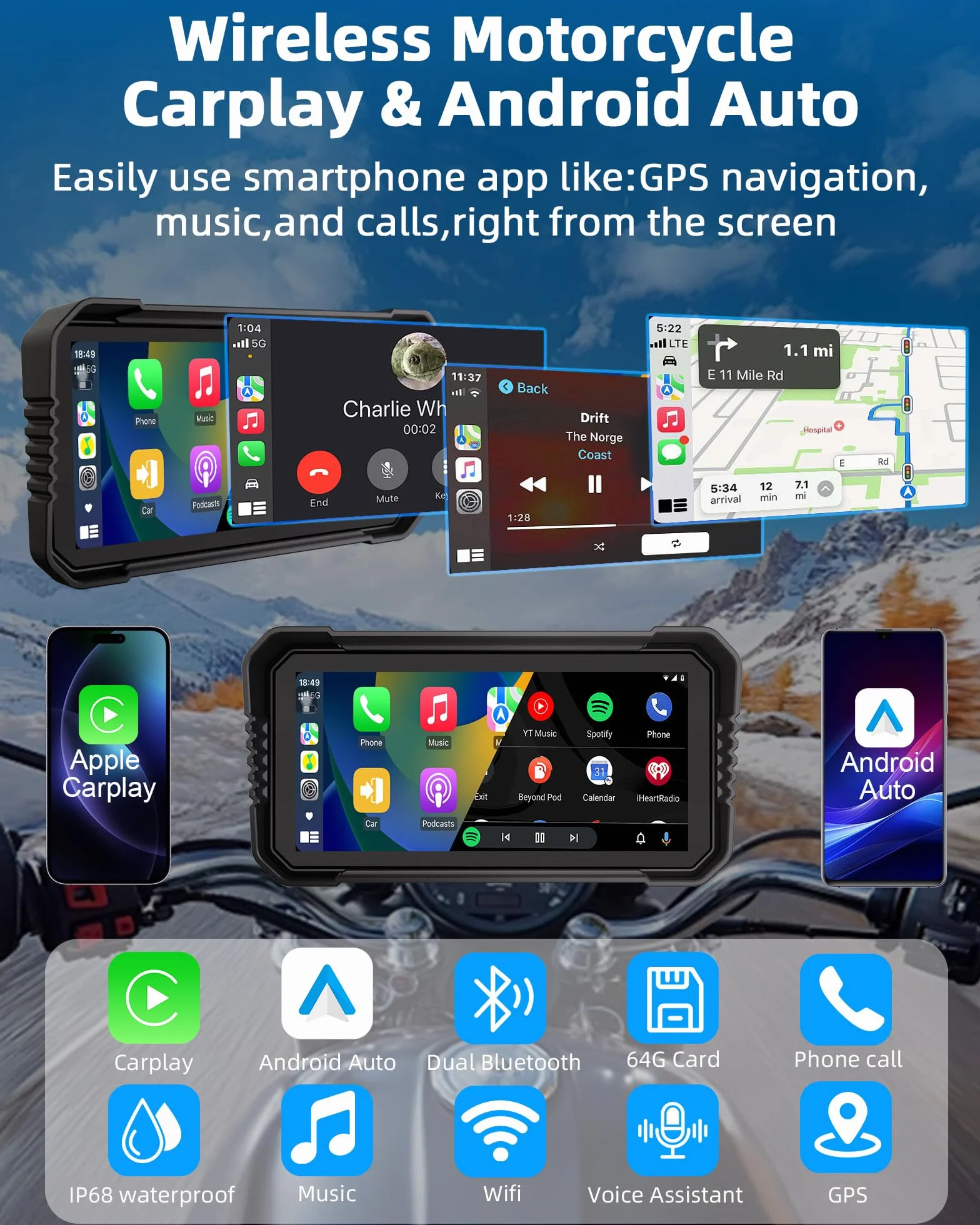 4K Carplay Moto Android Auto GPS Moto Navegador con dashcam Delantera Trasera, 6,25 Pulgadas Pantalla Moto TáCtil IP67 Impermeable Doble Bluetooth Siri/Goo.gle Assistant