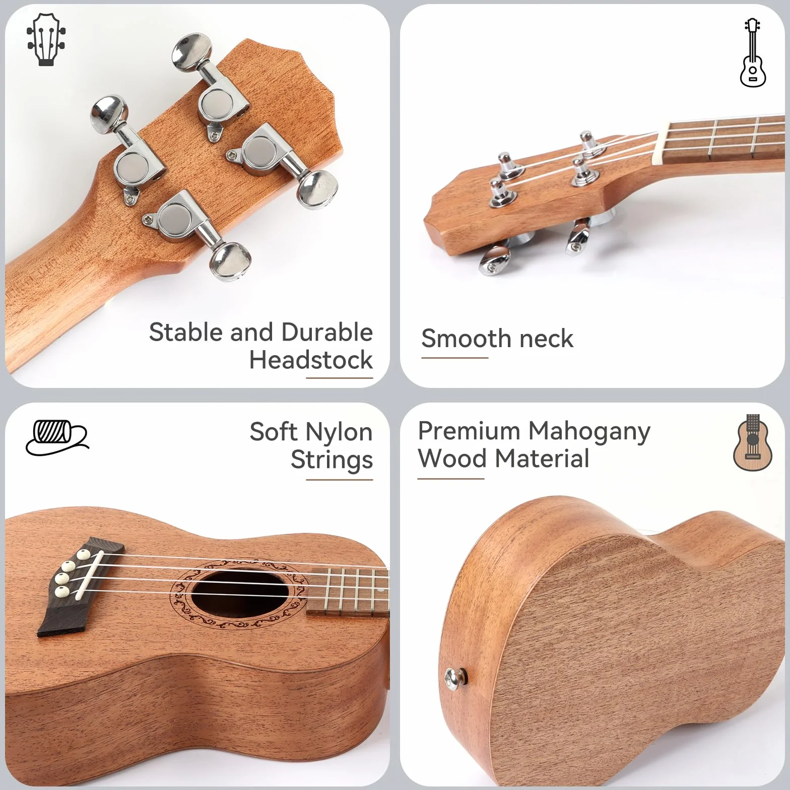 Ukelele de Concierto para Adultos y Niños - Ukelele Soprano Profesional 23" en Caoba Maciza con Sonido Premium, Diseño Elegante y Kit Completo Inicial (Funda, Correa, Púas, Cuerdas)