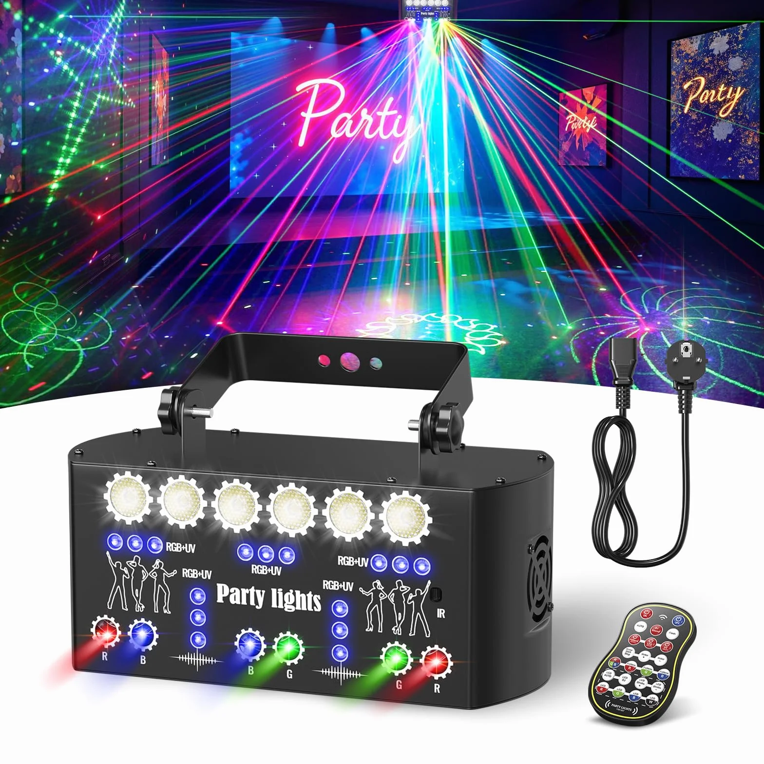 Luces discoteca RGBW & UV con 27 LED y DMX, láser discoteca 3 en 1 con 6 LEDs blancos de 2W, luz estroboscópica y UV, efectos dinámicos para DJ, fiestas y eventos
