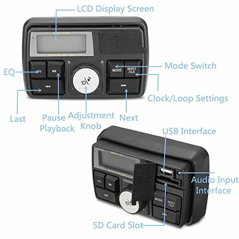 SEMAL Motocicleta Audio MP3 Radio de Sonido Altavoces EstéReo Bluetooth Impermeable FM 5 EQ Funciones Pantalla LCD USB/SD/TF