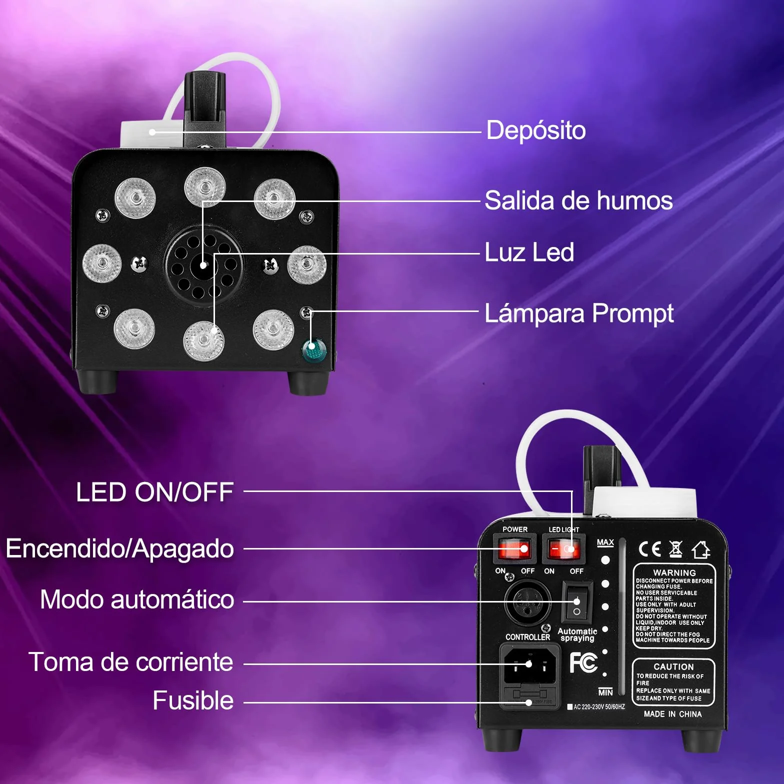 AGPTEK Máquina de humo con mando a distancia inalámbrico y 8 luces LED, estable y portátil, ideal para Halloween, Navidad, bodas, actuaciones en el escenario, etc.