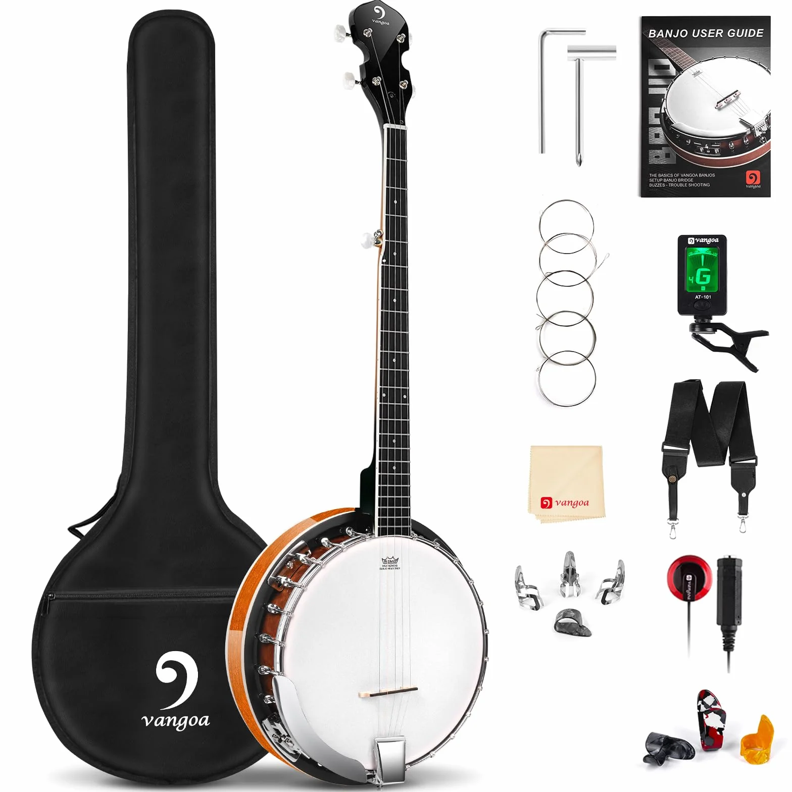 Vangoa 5 cuerdas Banjo Remo Cabeza Cerrada Espalda Sólida con kit de Principiante, Sintonizador, Correa, Recogida, Cuerdas, Selecciones y Bolsa
