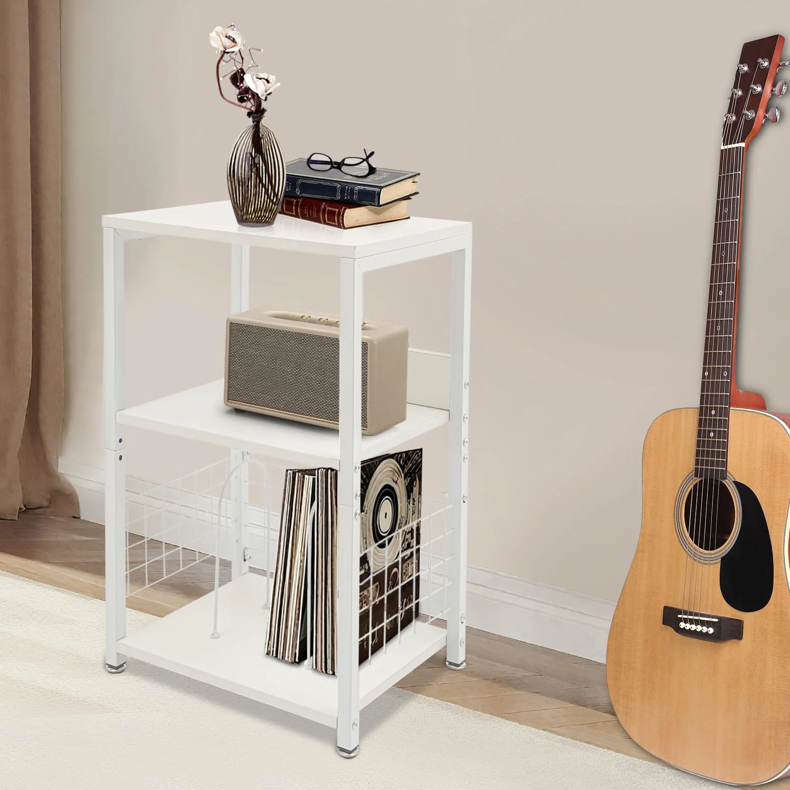 Soporte para discos de vinilo de 3 niveles, moderno con 4 almohadillas para los pies, soporte para tocadiscos con separadores extraíbles, capacidad de carga de 45,36 kg, para guardar