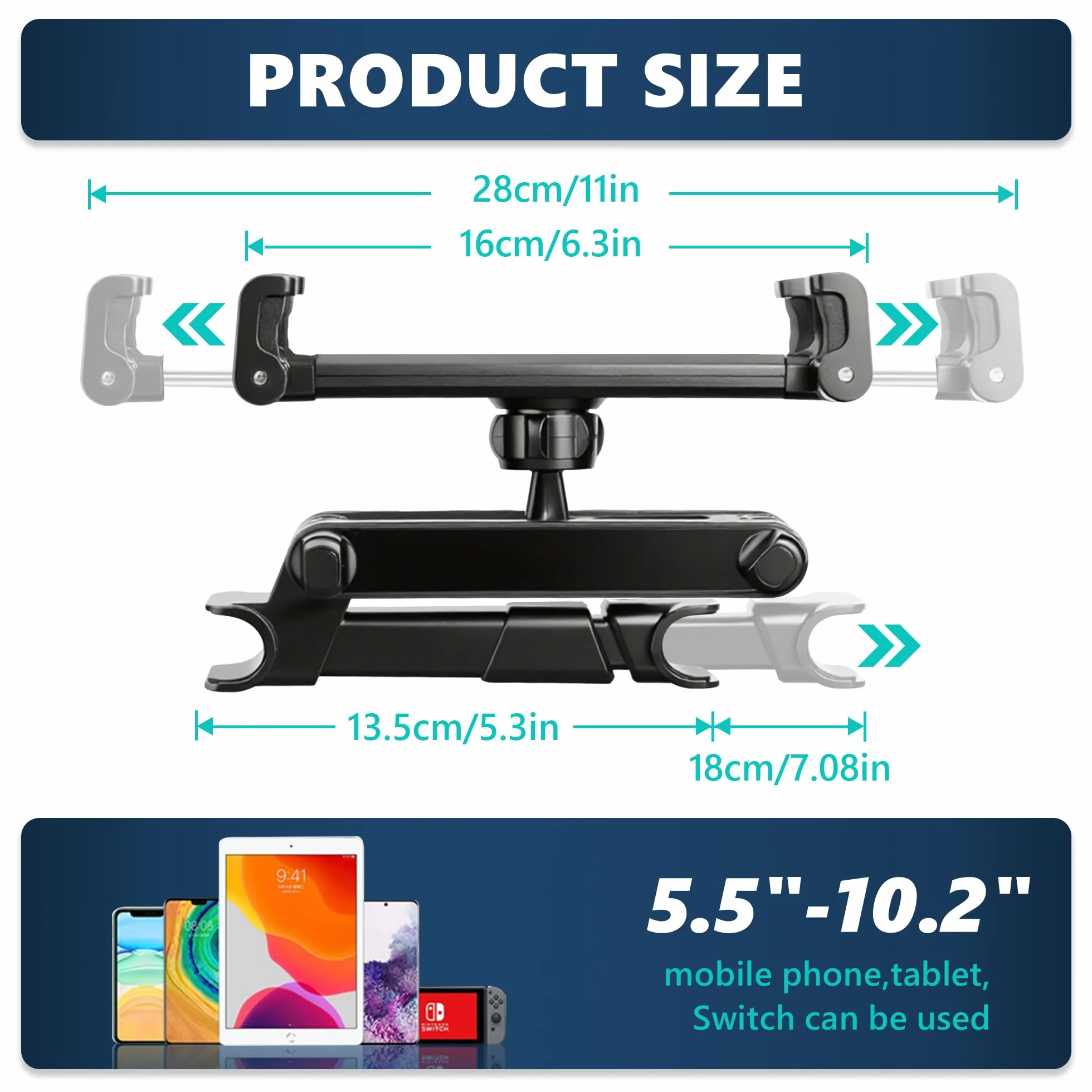 Soporte Tablet Coche, Soporte Reposacabezas Asiento Trasero para automóvil 360°Rotación Soporte de Montaje Extensible Ajustable Diferentes Tamaños para 4-10.6" Pulgada Smartphone