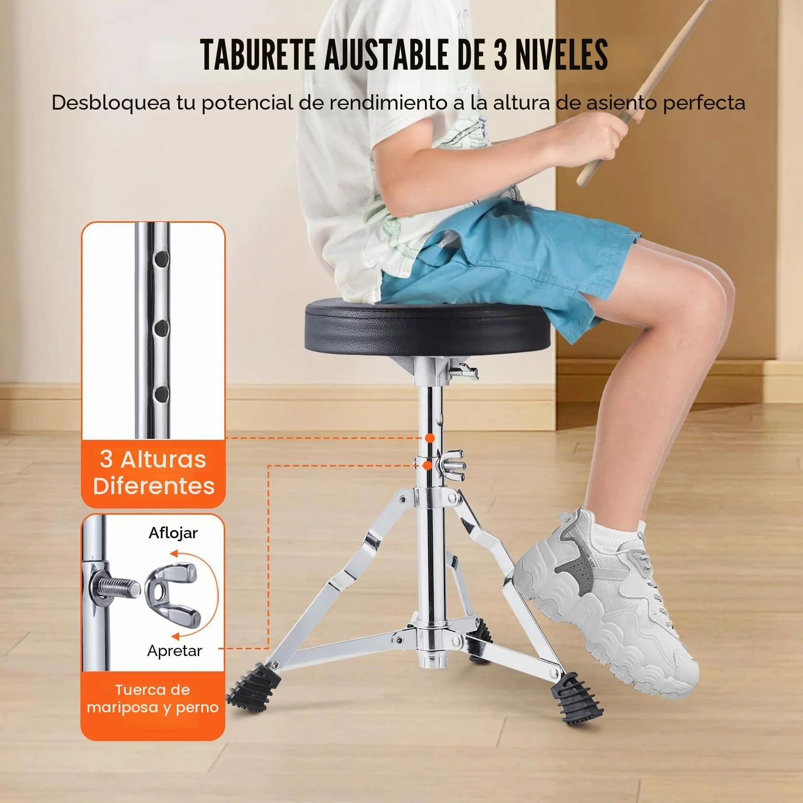VEVOR Juego de Batería para Niños, 3 piezas, Juego de Batería para Principiante con Pedal de Platillo de Trono Ajustable dos Pares de Baquetas, Tom, Caja, Bombo, Kit de Batería de Iniciación, Azul