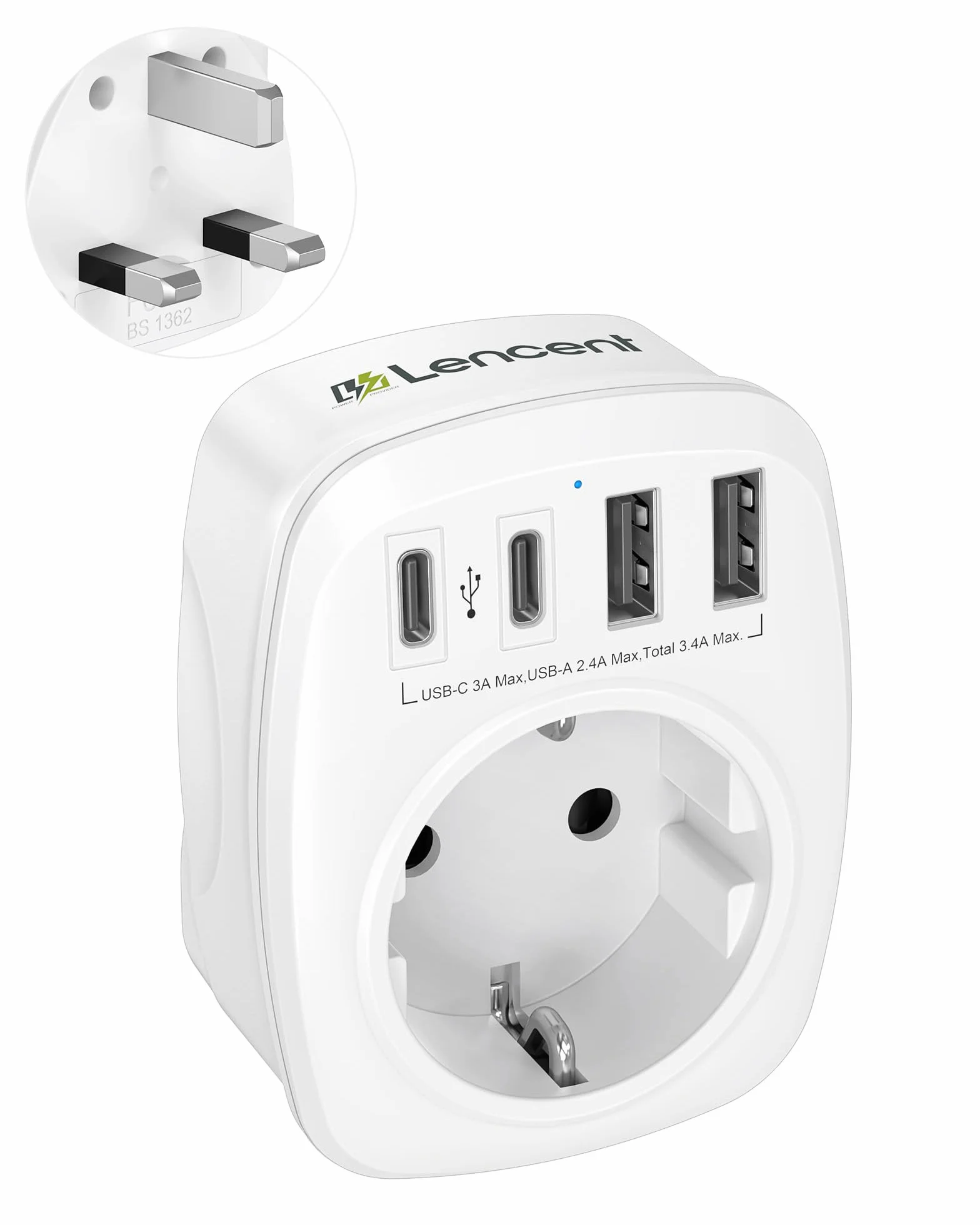 LENCENT Adaptador Enchufe Reino Unido, Cargador Inglaterra Viaje con 2 USB-C y 2 USB-A, Adaptador Europa Portugal a UK para Escocia, Irlanda, Gales, Maldivas, Gran Bretaña, Tipo G