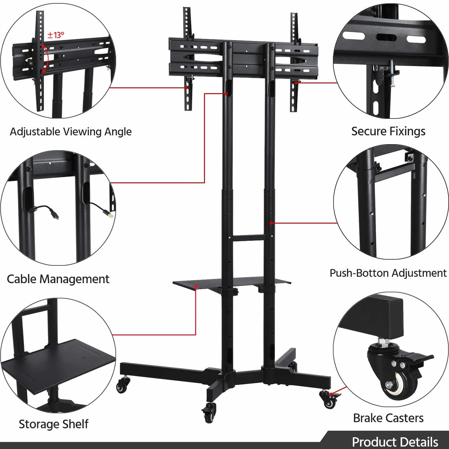 Yaheetech Soporte TV Pie Ruedas para Televisiones de 32-65 Pulgadas de Plasma/LCD/LED Altura Ajustable Soporte TV Suelo Mueble hasta 50Kg Máx VESA 600x400mm