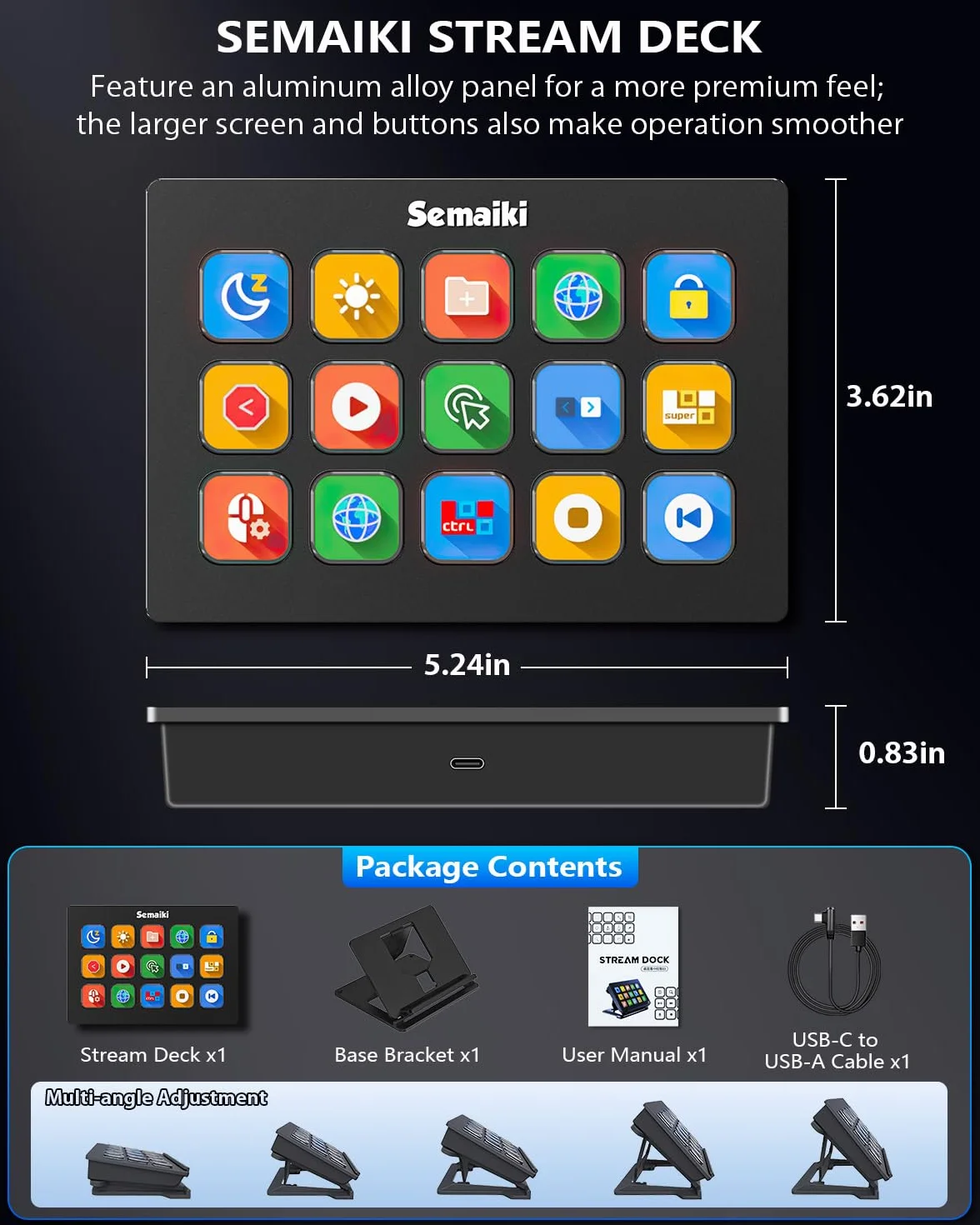 Semaiki Teclado macro Stream Controller con 15 teclas macro LCD personalizables, activa acciones en aplicaciones y software como OBS, Twitch, Streamlabs, Discord, Mac y Windows