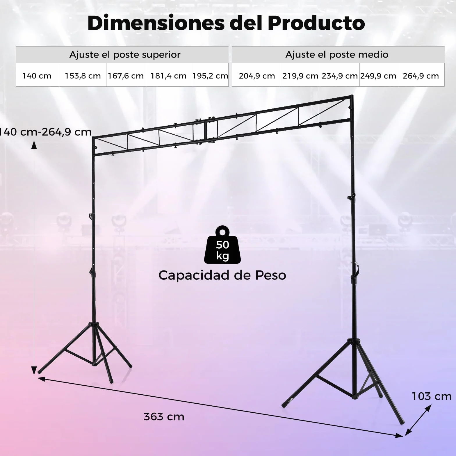 COSTWAY Soporte de Luz para DJ, Soporte de Truss Iluminación de Metal con Altura Ajustable en 140-265 cm, 2 Trípodes Plegables, 12 Puntos de Agarre, Soporte 50 kg, para Conciertos, Escenarios y Bodas