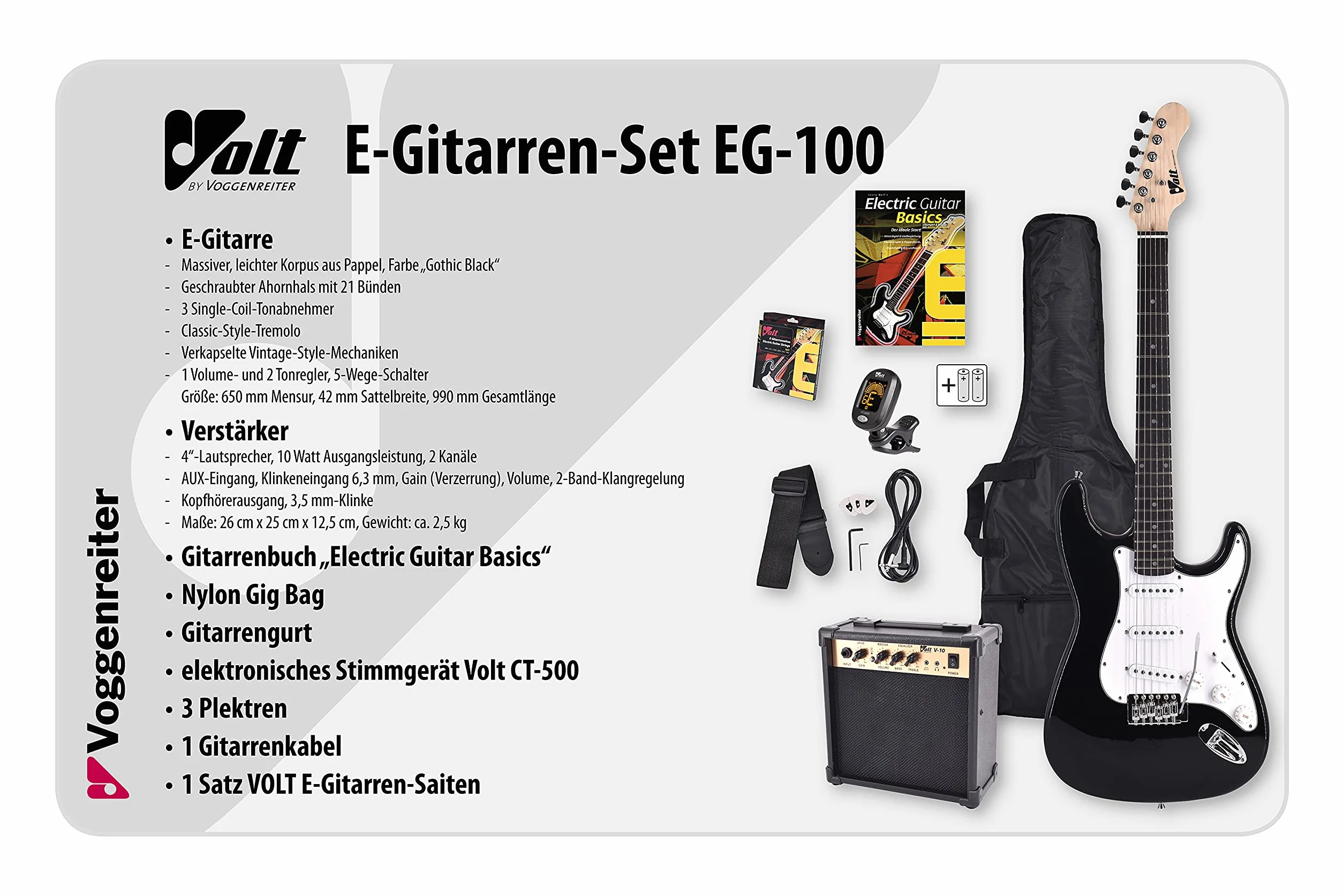 Volt EG100 E-Guitar Set - Set básico con guitarra eléctrica, amplificador, guía de aprendizaje y accesorios