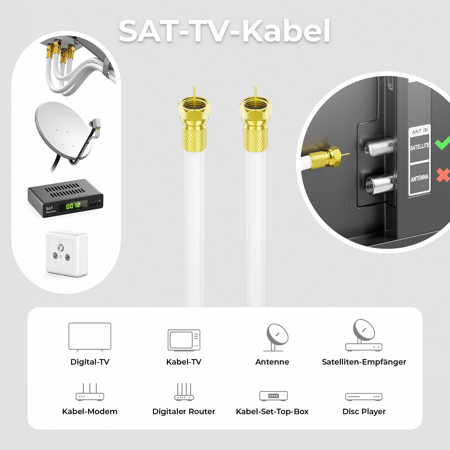 deleyCON HQ+ 20m Cable Coaxial SAT 135 dB - Blindaje Quíntuple para DVB-S / S2, DVB-T y DVB-C - 4K 1080p Full HD HDTV - Incl. 10 Conectores F Dorados