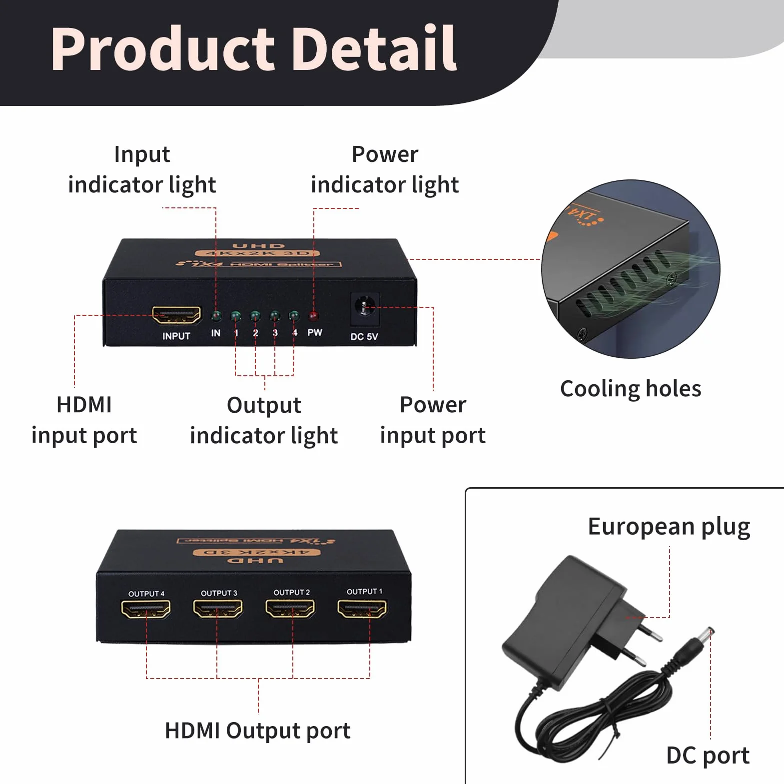 Splitter HDMI 1x4 4K 60Hz 3D, Duplicador HDMI 1 Entrada 4 Salidas 1080P 2K