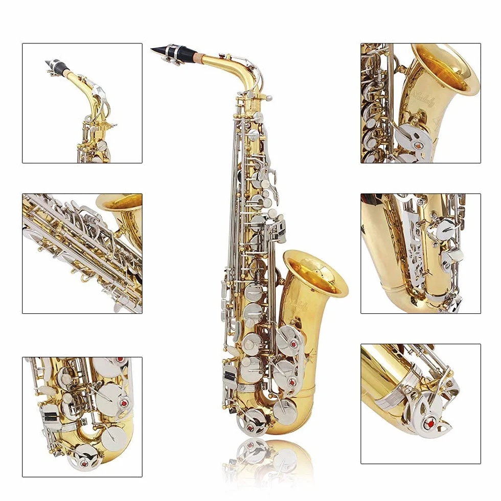 Saxofón alto, latón brillante, grabado Eb, botón de concha blanca, instrumento de viento con funda, guantes de silencio, paño de limpieza, cepillo para cinturón