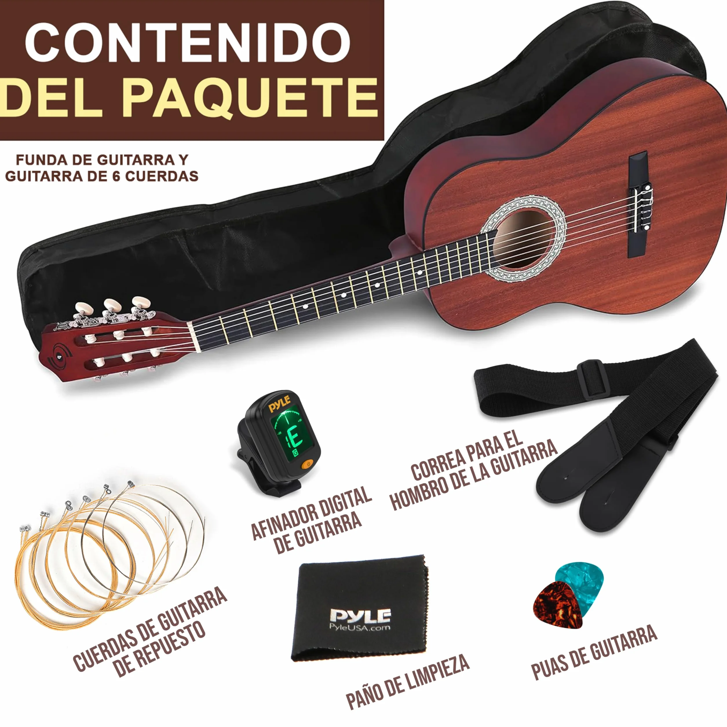 Pyle Kit de Guitarra acustica, 3/4 Tamaño Juvenil, 36”, para Principiantes, Niños, Adultos, Accesorios incluidos
