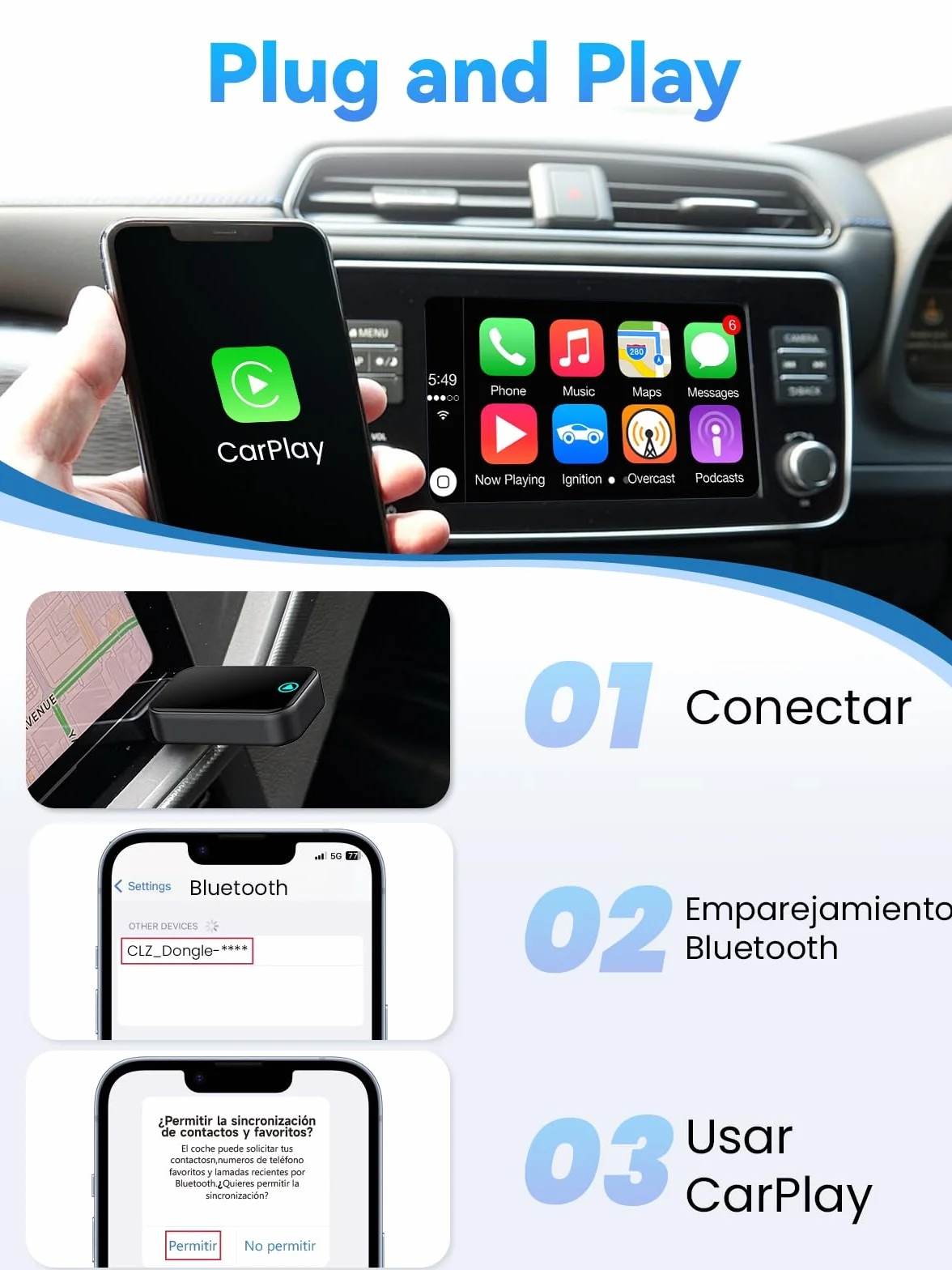 Adaptador Carplay Inalámbrico S2 Mini para iPhone, USB A/C, iOS 10+, Coches 2016+ (Negro)