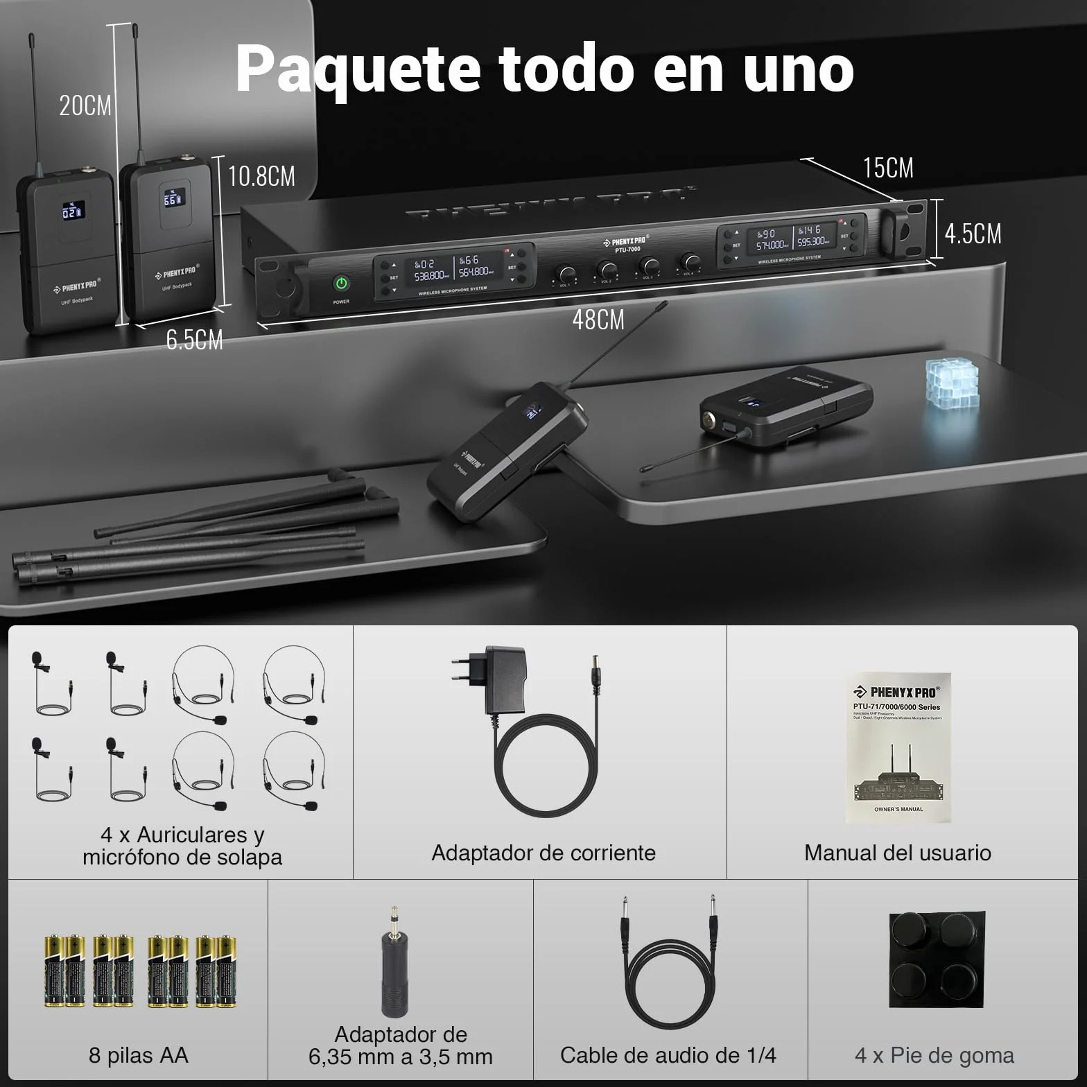 Phenyx Pro Sistema de microfono inalámbrica UHF de 4 canales con exploración automática, 4 Bodypacks/Auriculares/Micrófonos de solapa, 4x40 frecuencias, 328ft Cobertura, para iglesia, DJ (PTU-7000-4B)