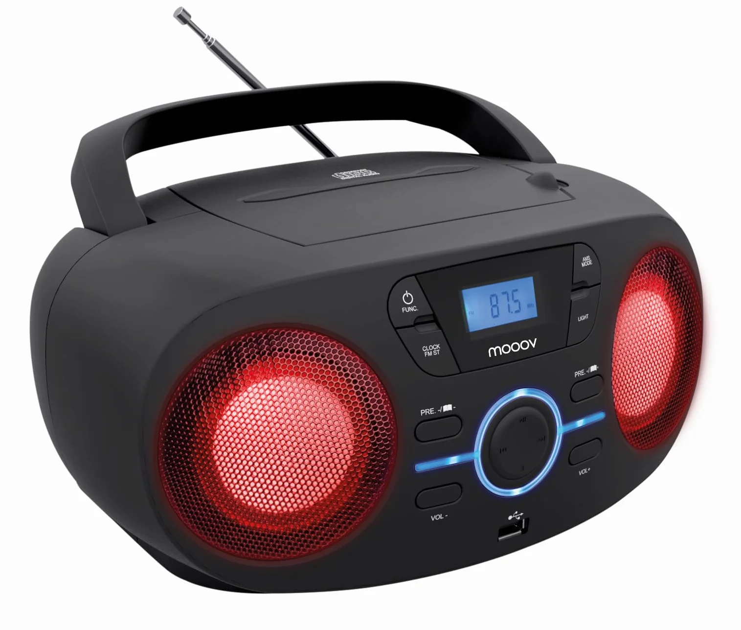 Mooov Reproductor de CD portátil Lector CD Audio CD-R/CD-RW/CD-MP3 Radio FM Puerto USB Negro