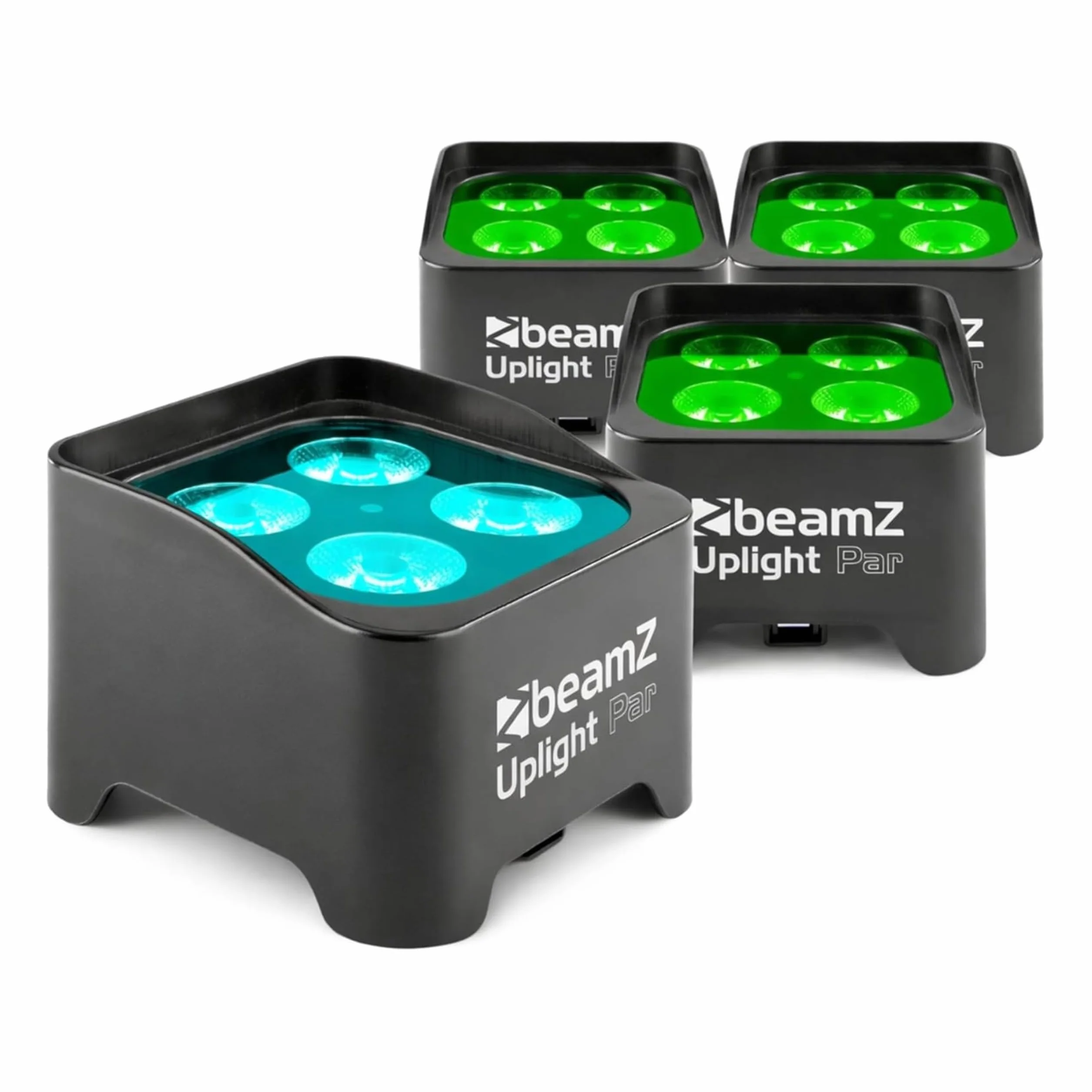 BeamZ BBP90 – Pack 4 unidades – 4 Foco Par Led batería 4 x 4W RGB-UV, mando IR, DMX 7ch RJ45 con adaptador XLR, 1077 lx, 24°, dimmer 16bit, estrobo 1–22Hz, hasta 20h, recarga 3h, IP20, color negro