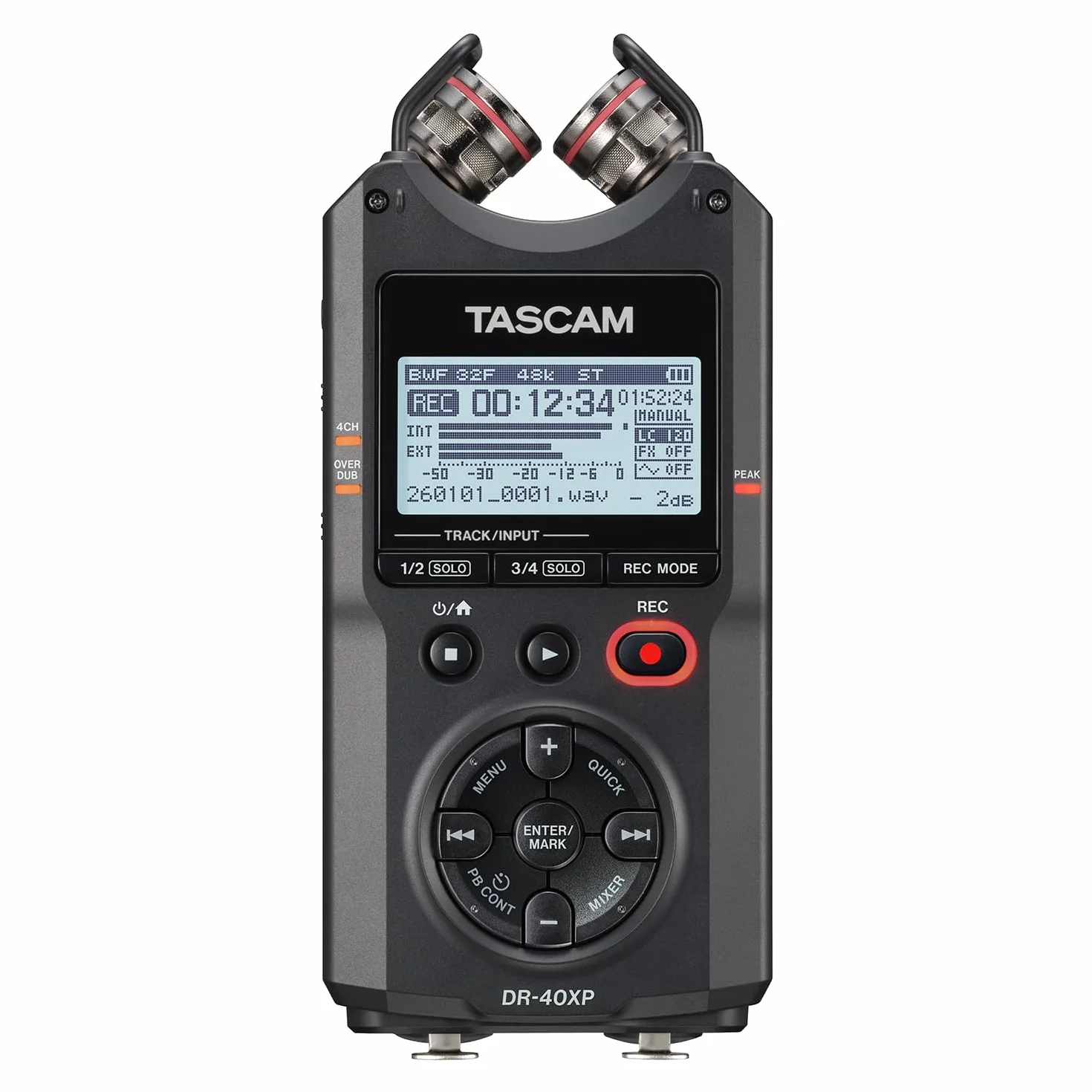 TASCAM DR-40XP - Grabadora portátil de campo de mano flotante de 4 canales de 32 bits e interfaz de audio USB-C, con 2 entradas XLR/TRS y micrófonos ajustables para música, audio para video y