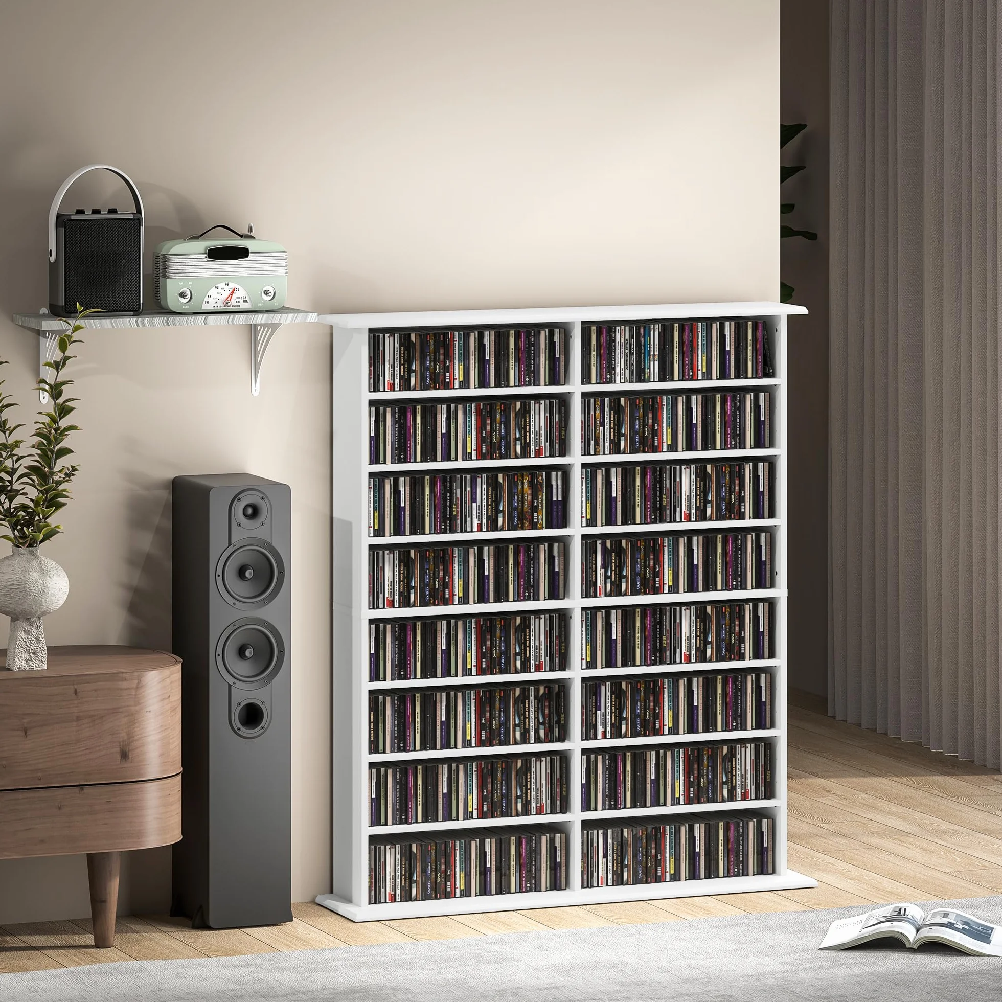 Unidad de Almacenamiento de CD y DVD HOMCOM, Unidad de Almacenamiento Multimedia con 16 Compartimentos y 12 estantes Ajustables, Capacidad máx. 720 CD/396 DVD y BLU-Ray, 106,5 x 24 x 123,7 cm, Blanco