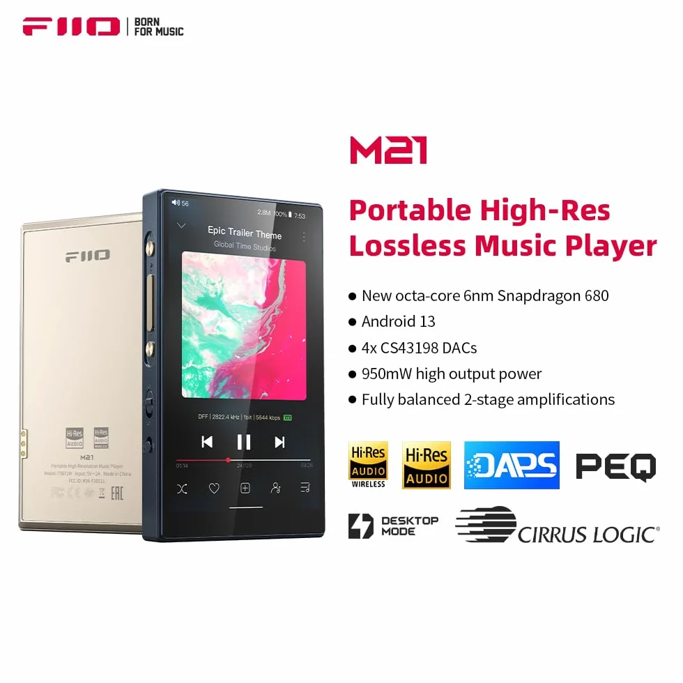 FiiO M21 Android 13 Reproductor de música portátil MP3 Snapdragon 680 4* CS43198 DAC Chips de Audio de Alta resolución DSD Bluetooth LDAC (Titanio Dorado)