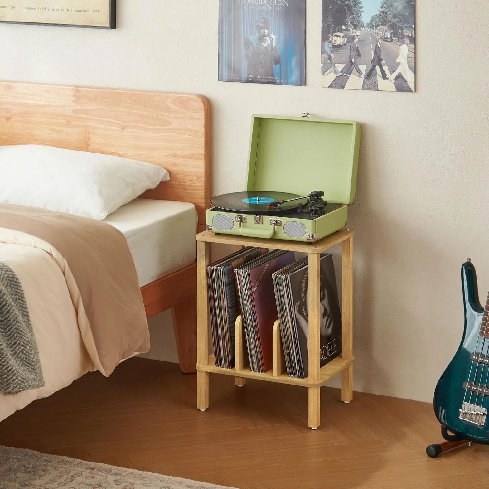 LELELINKY Soporte giradiscos de bambú de 2 Niveles con Estuche para Discos de Vinilo de hasta 100 álbumes, Mesa de Centro Multifuncional para el salón,Madera Natural