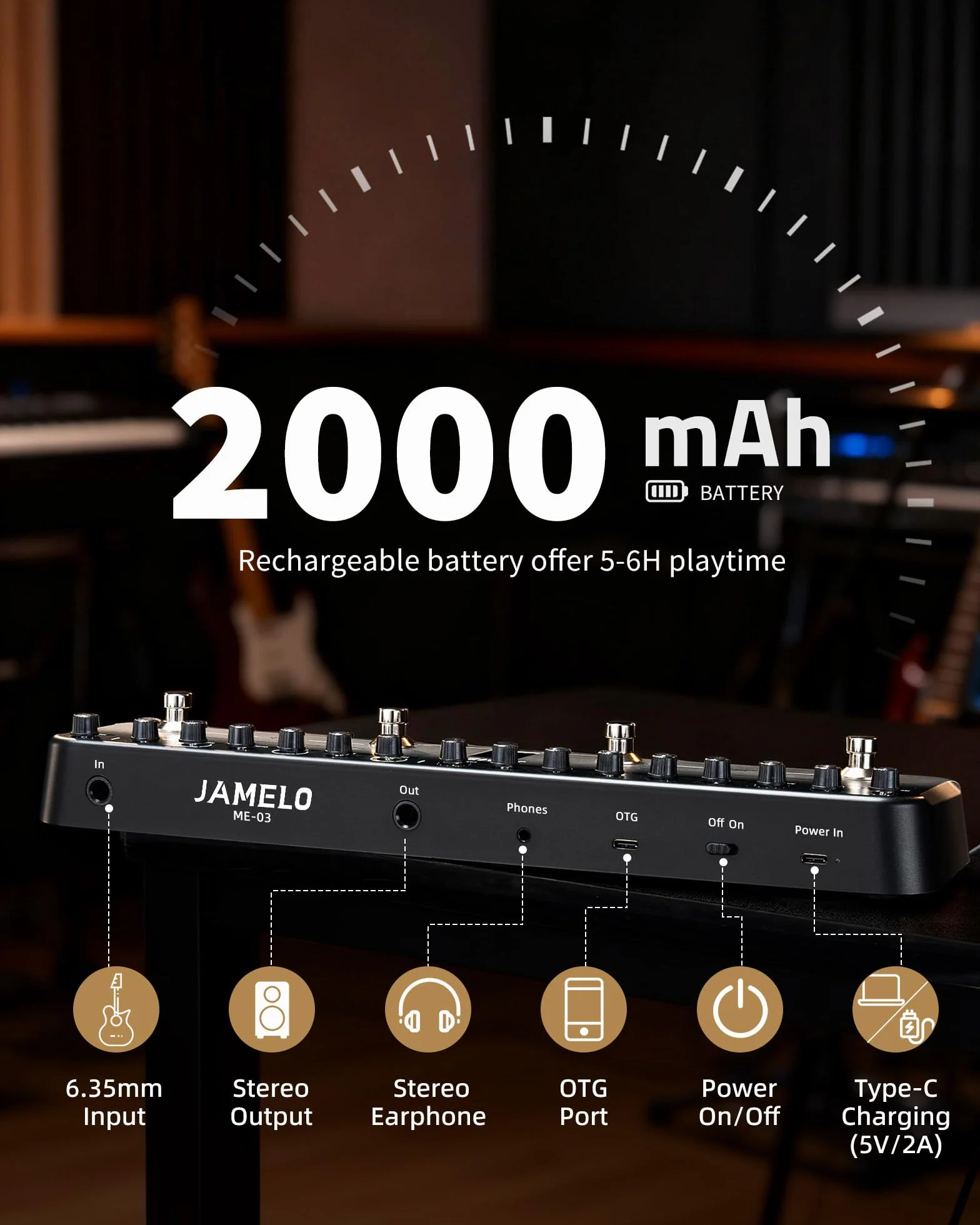 Pedal de efectos múltiples, procesador de efectos de guitarra JAMELO con 8 AMP y 8 CAB, reverberación, retardo, coro, puerta, aumento, recargable, Bluetooth y grabación, control por aplicación, 40