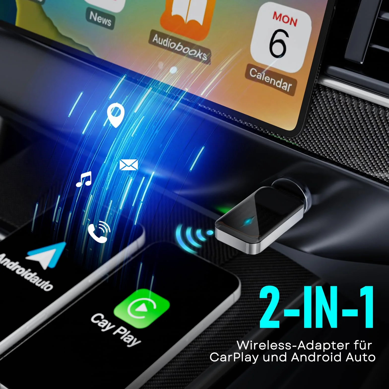 Adaptador inalámbrico para CarPlay, Adaptador Android Auto Inalámbrico de Conexión por Cable a Inalámbrica, Conectar y Usar, Mini y Estable, Compatible con iOS 9+ y Coches con CarPlay por Cable
