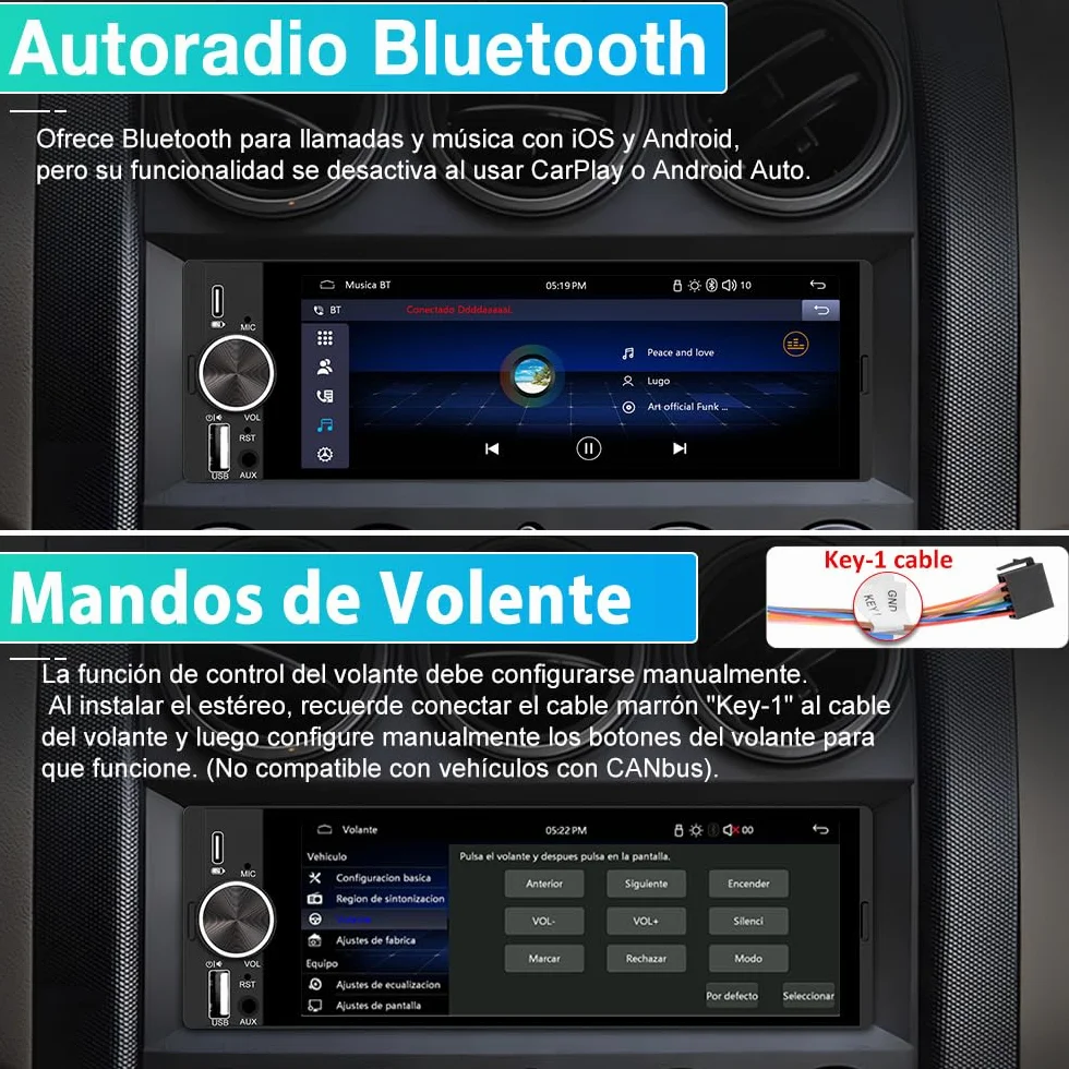 Junsun 1 DIN Radio Coche Universal con 6.36 Pulgadas Pantalla Táctil, con CarPlay/AndroidAuto/Admite Carga Type-C/USB/Micrófono/FM/EQ/WiFi/GPS/Bluetooth 5.0/USB/SWC y Cámara Trasera con Cable 6M