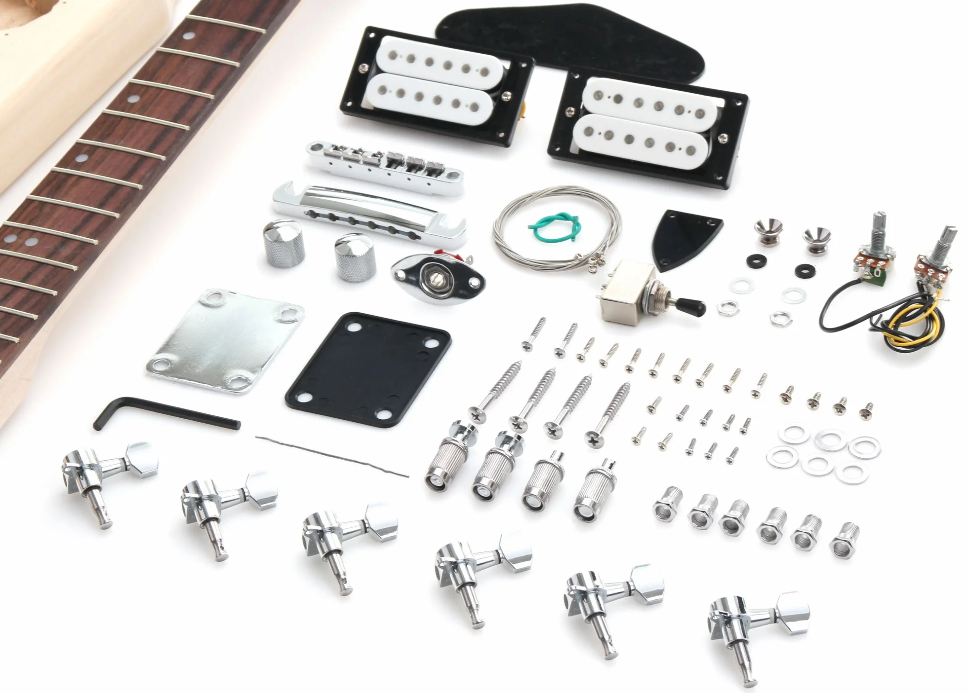 Kit de Guitarra Eléctrica Rocktile Estilo RR - DIY E-Guitarra con cuerpo y mástil de caoba, diapasón de palisandro, 2 humbuckers, mensura de 25" (635 mm), todas las piezas y hardware incluidos