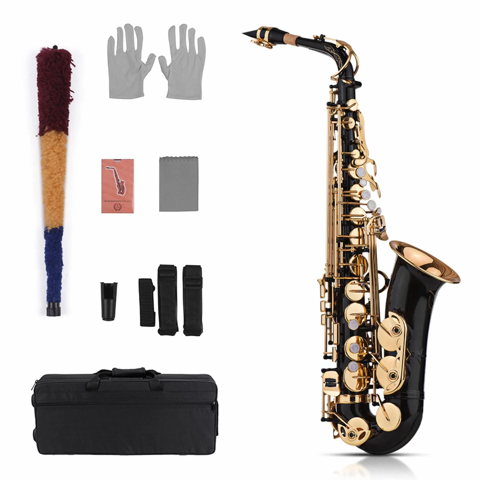 Saxofón Alto Mib de latón y llaves 82Z lacadas en dorado, con guantes acolchados, paño de limpieza, cepillo, correa de saxofón y cañas