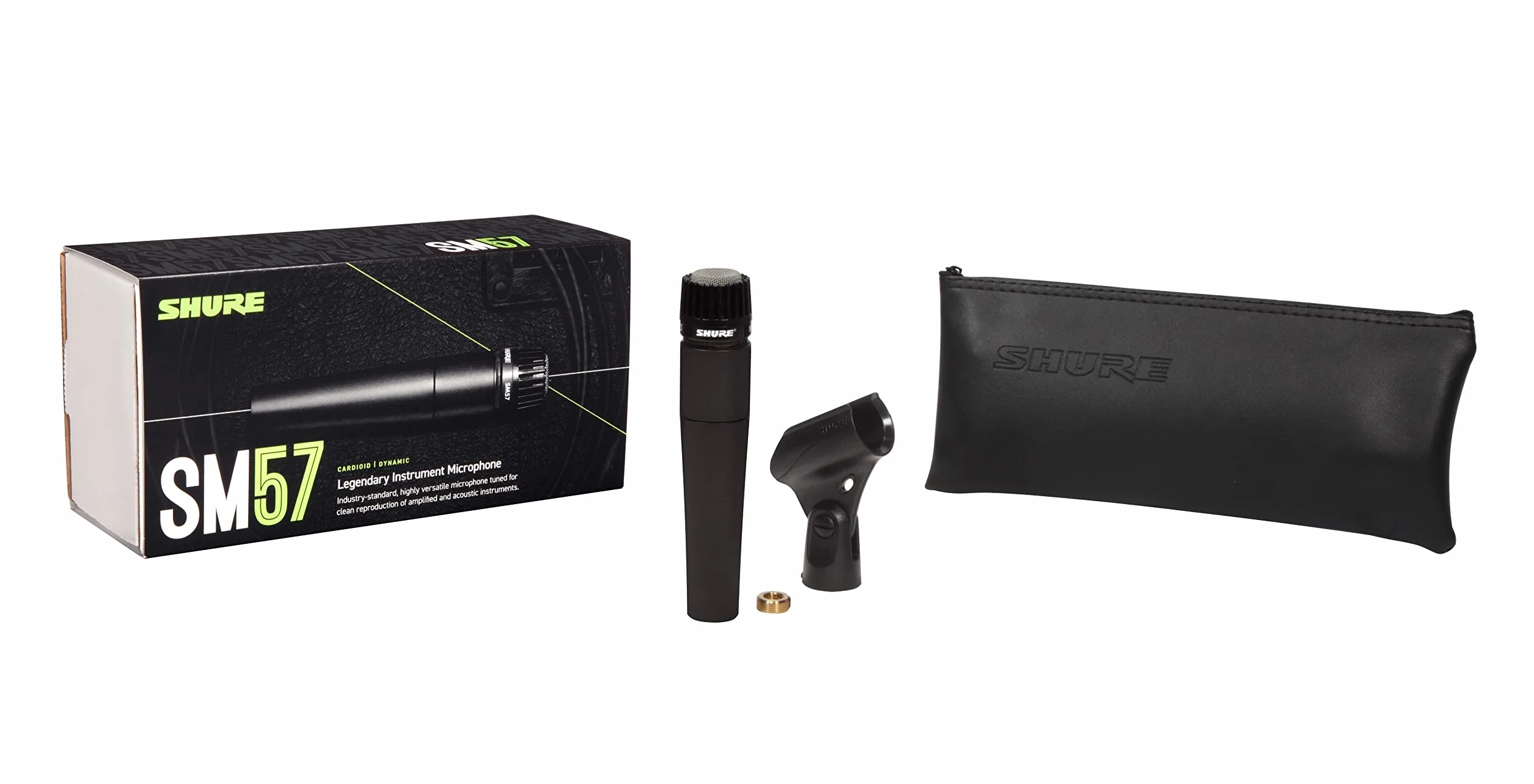 Shure SM57 Micrófono de Instrumento dinámico cardioide con Soporte de Choque neumático, Clip de micrófono A25D, Bolsa de Almacenamiento, Conector XLR de 3 Pines, sin Cable Incluido (SM57-LCE)