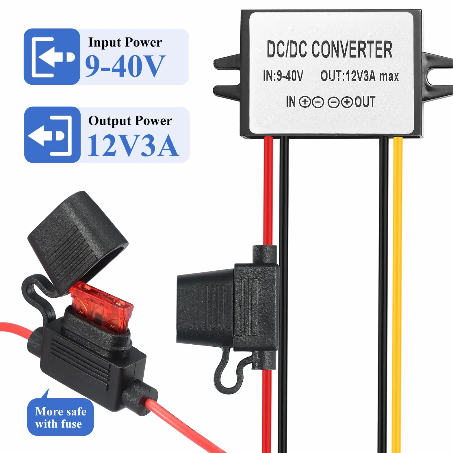 DC 9V-40V a 12V 3A Convertidor de Corriente IP67 Impermeable Buck Converter 36W Transformador Regulador de Voltaje para Cámaras Golf Cart Club