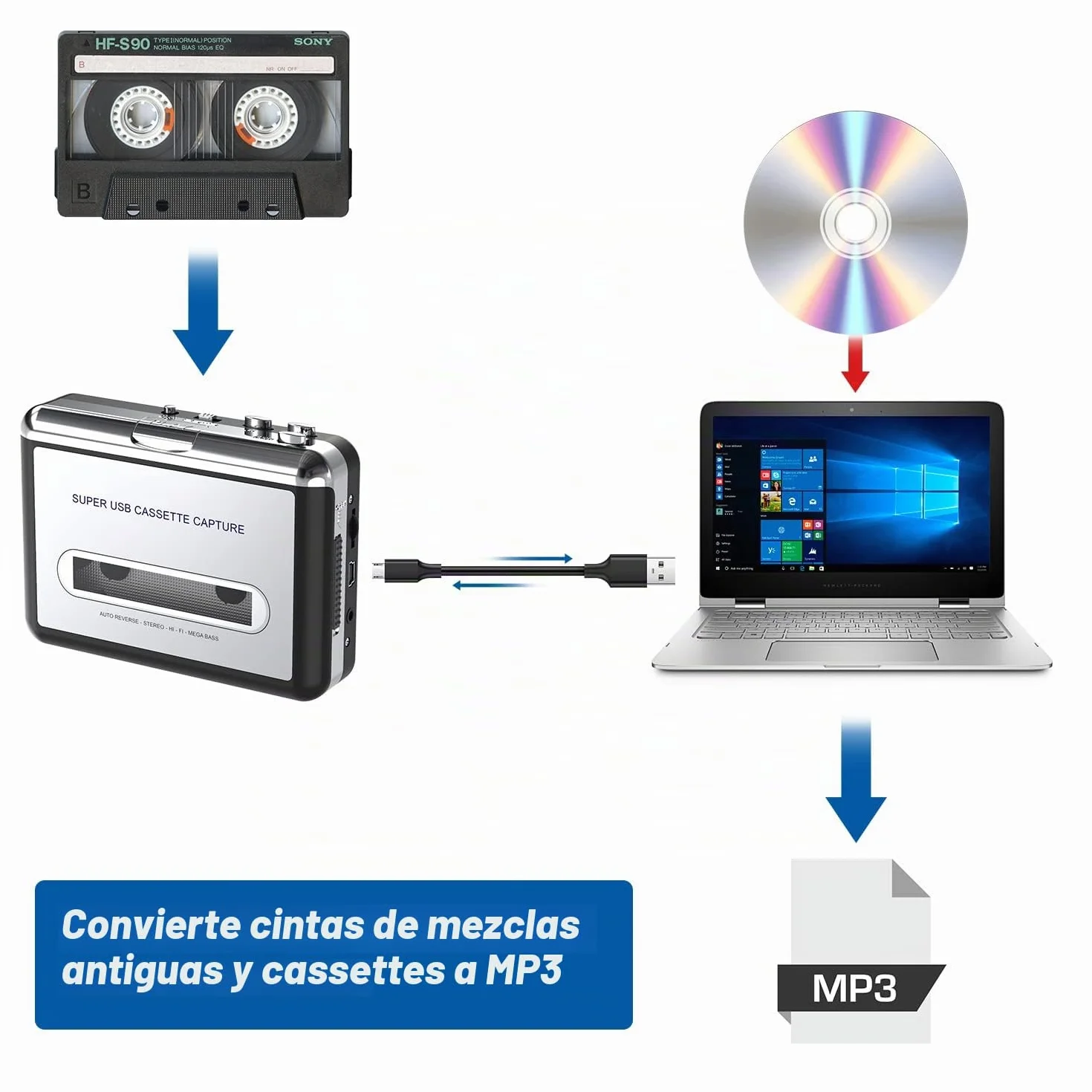 DIGITNOW! Reproductor USB de casete convertidor a MP3 con enchufe hembra de 3,5 mm