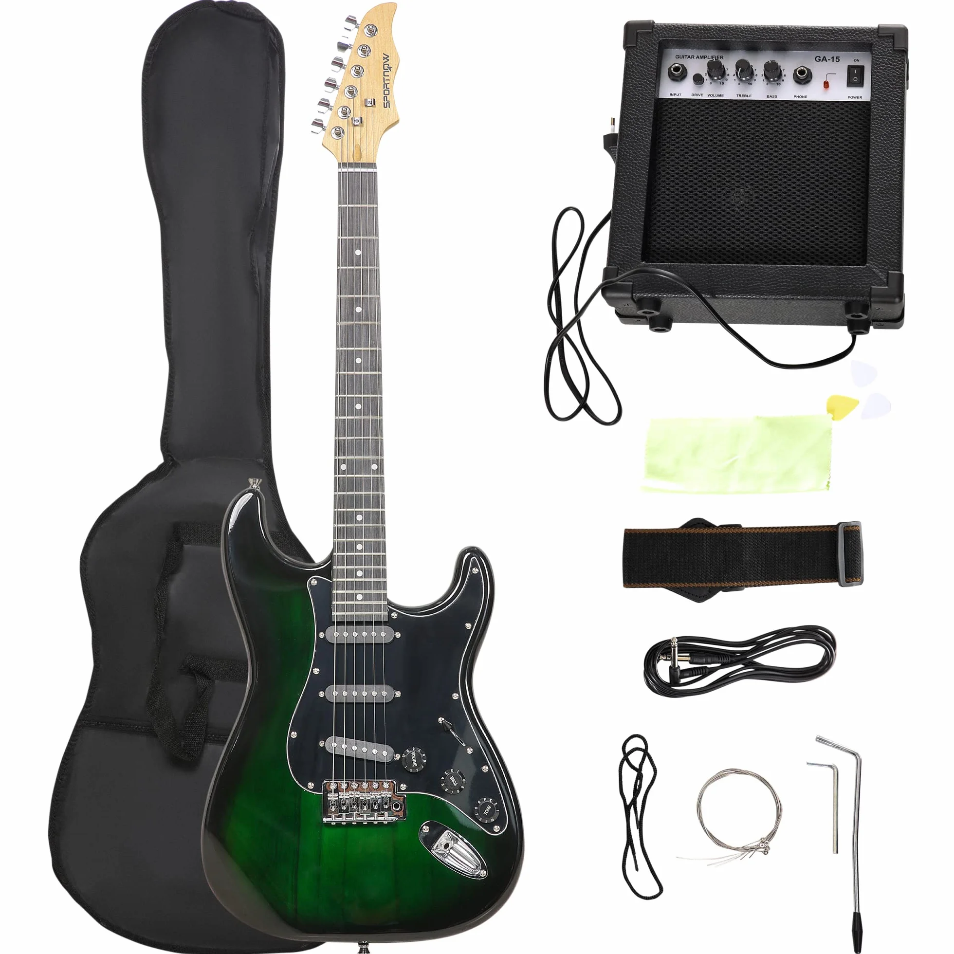 SPORTNOW Kit Guitarra Eléctrica de Iniciación, Guitarra Eléctrica con Amplificador de 15W, Afinador Digital, Cuerdas, Correa, 3 Púas y Funda de Transporte, para Adultos, Adolescentes, Negro