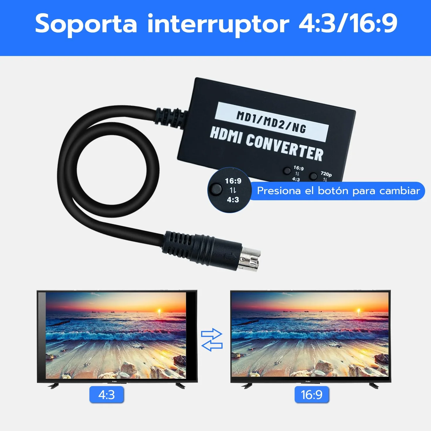 Mcbazel Adaptador HDMI Seamless para Mega Drive/Neogeo HDTV, convertidor de vídeo Multifuncional 4:3/16:9, 720P/1080P（Consola Original sin modificar y Salida RGB necesaria）