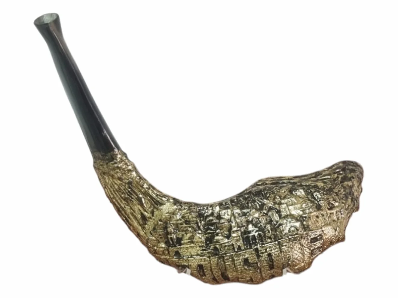 Shofar Jerusalén Old City - Cuerno de carnero shofar chapado en oro + soporte gratis