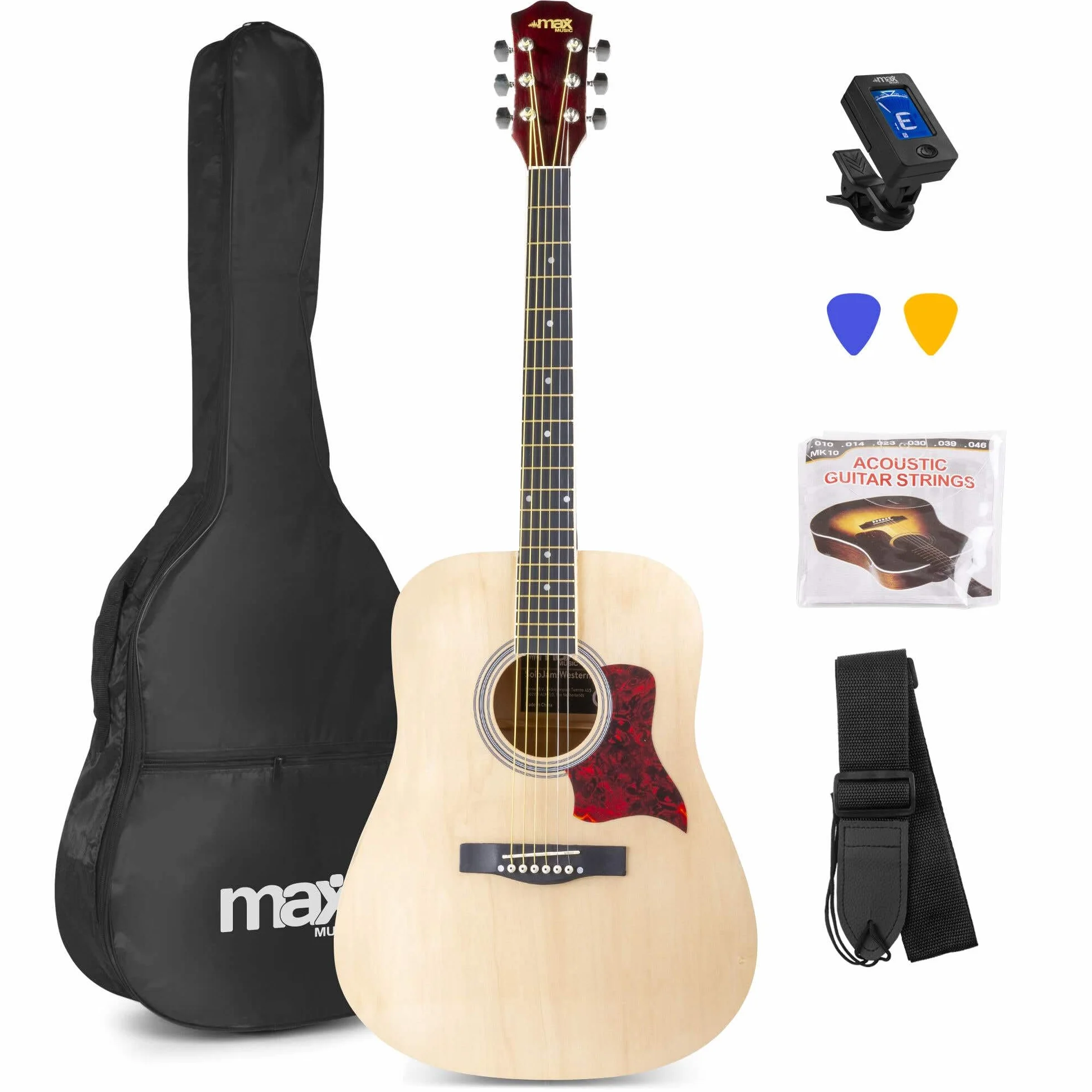MAX SoloJam Guitarra Acústica Madera Natural – Set Completo para Principiantes con Soporte, Afinador, Bolsa, Cuerdas, Correa y Púas – Ideal para Niños desde 8 Años y Adultos
