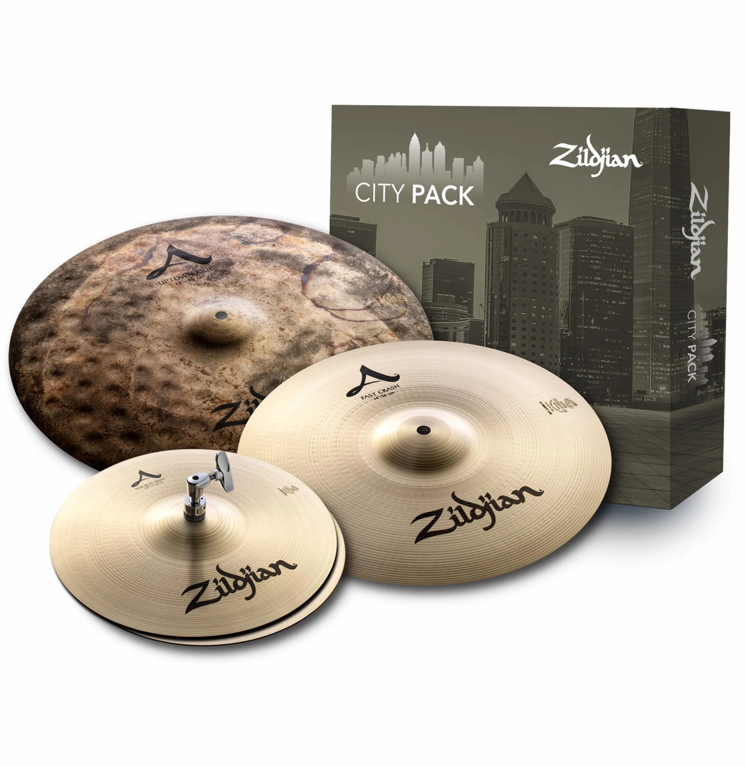 Zildjian ACITYP248 A Series City Cymbal Box Set - 12" New Beat Hi-Hats, 14" Crash, 18" Uptown Ride, Paquete de la ciudad