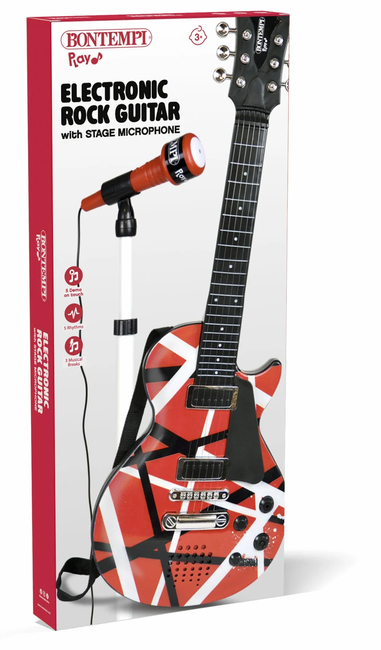 BONTEMPI - Guitarra Rock con Micrófono de Escenario Soporte Ajustable 6 Cuerdas de Metal 5 Demos Rock 5 Ritmos Alimentación 2 Pilas AA