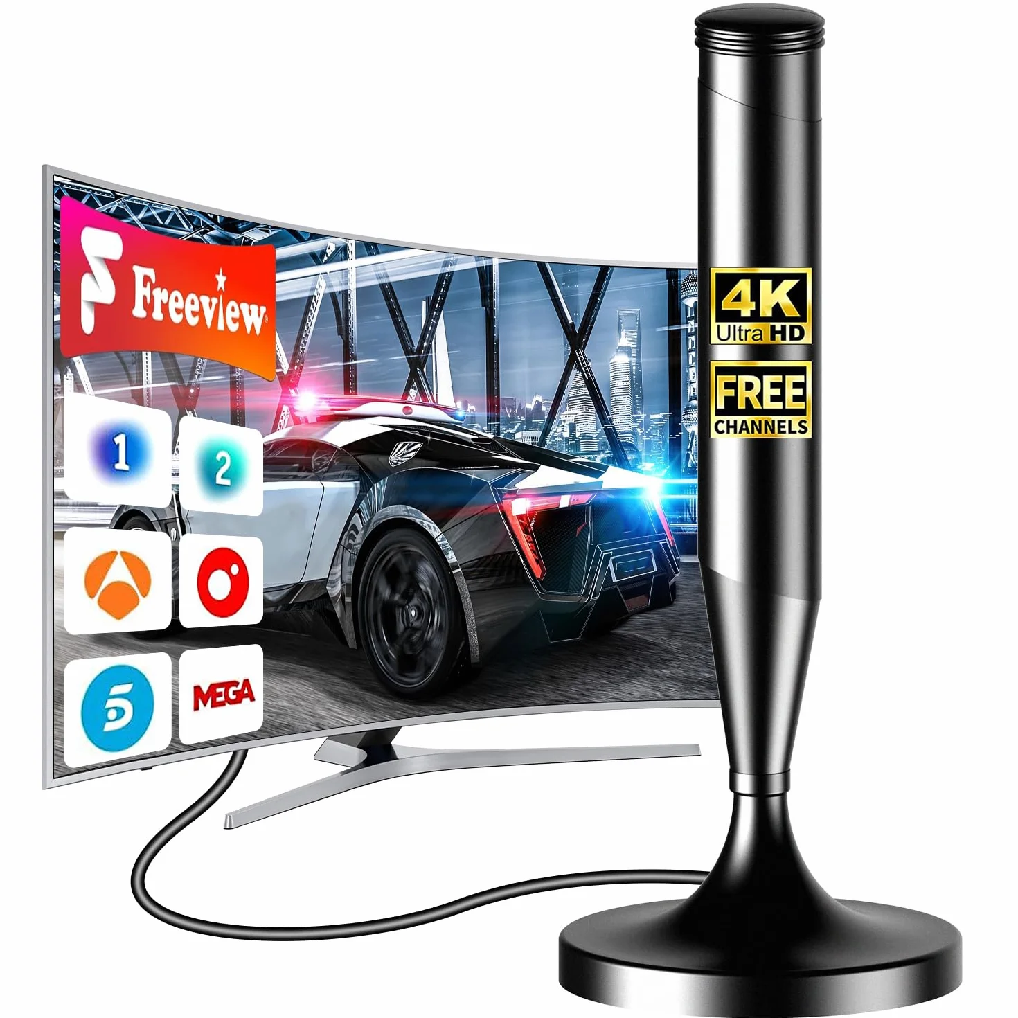 Antena TV Interior Potente para Smart TV TDT HD 4K/1080P Recepción 360° Base Magnética Fuerte Cable Coaxial 5 m Compatible DVB-T2/DVB-T