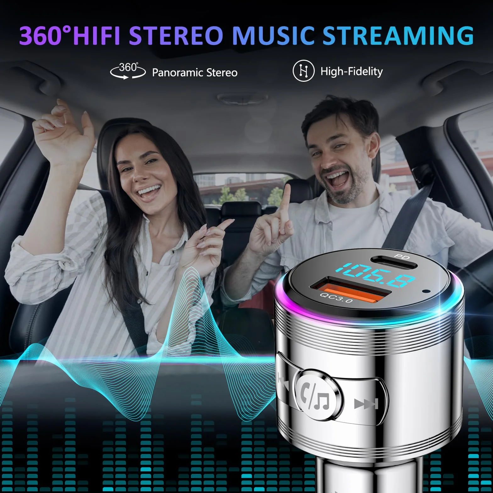 LENCENT Transmisor FM Bluetooth Coche 5.3, Cargador Coche Rápido, PD 30W + QC3.0, Música Alta Fidelidad con Cancelación Ruido, Soporte Llamadas Manos Libres & Asistente de Voz, Totalmente Metálica